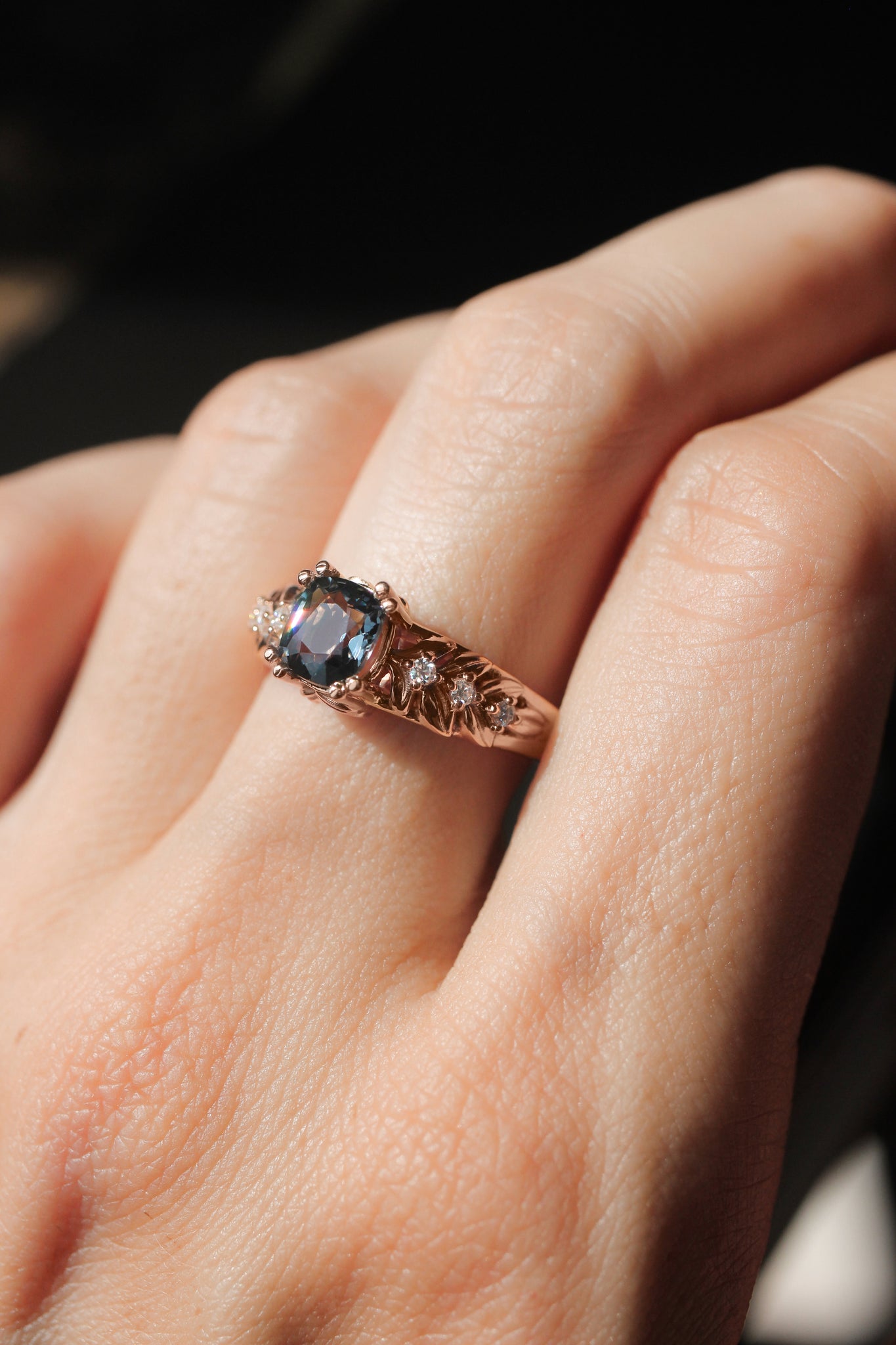 Grey spinel ring with diamonds, leaf engagement ring - Eden Garden Jewelry™