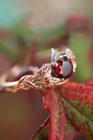 Rose gold engagement ring, nature inspired engagement ring, garnet ring