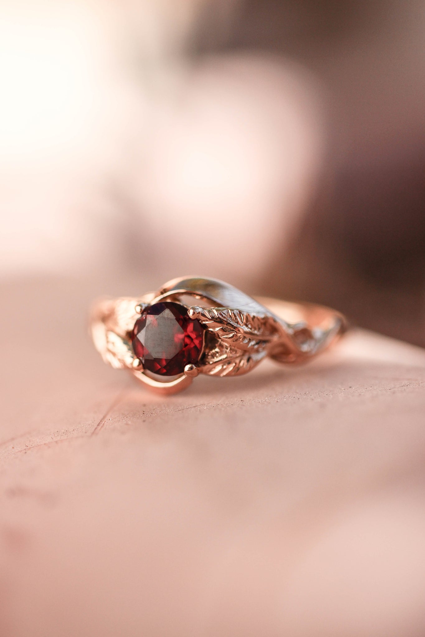 Red garnet engagement ring, nature inspired engagement ring
