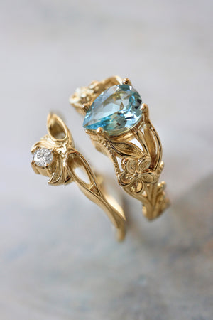 Aquamarine bridal ring set, art nouveau ring / Eloise - Eden Garden Jewelry™