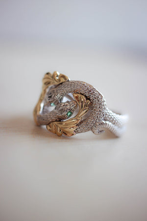 Ring of Barahir in two tone gold, snakes ring with emeralds - Eden Garden Jewelry™