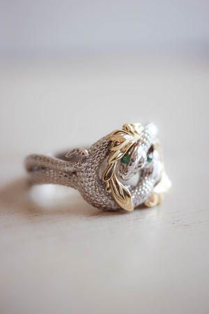 Ring of Barahir in two tone gold, snakes ring with emeralds - Eden Garden Jewelry™