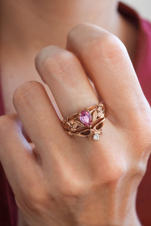 Pink sapphire bridal ring set, art nouveau ring / Eloise - Eden Garden Jewelry™