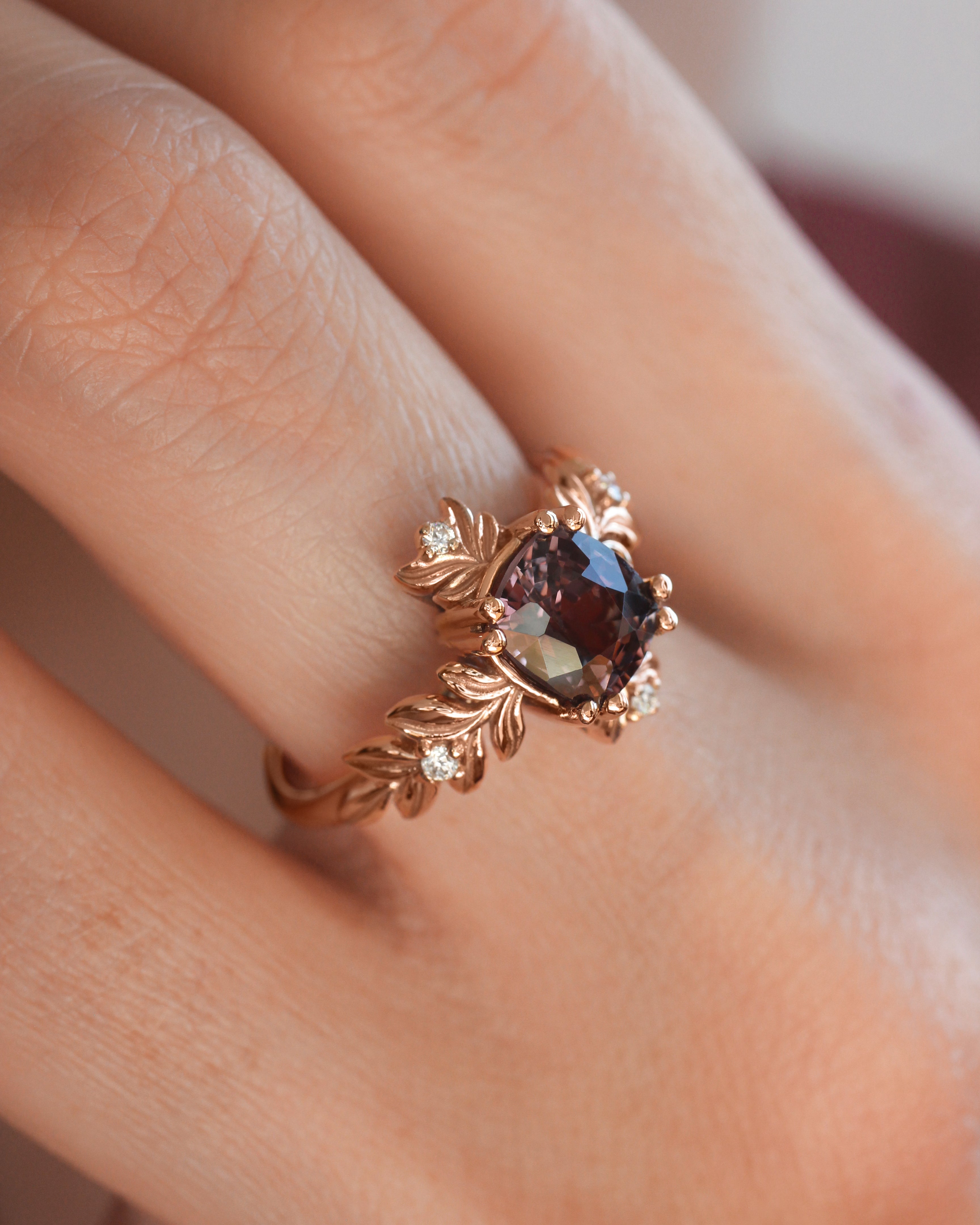 Purple spinel ring with diamonds, leaf engagement ring - Eden Garden Jewelry™