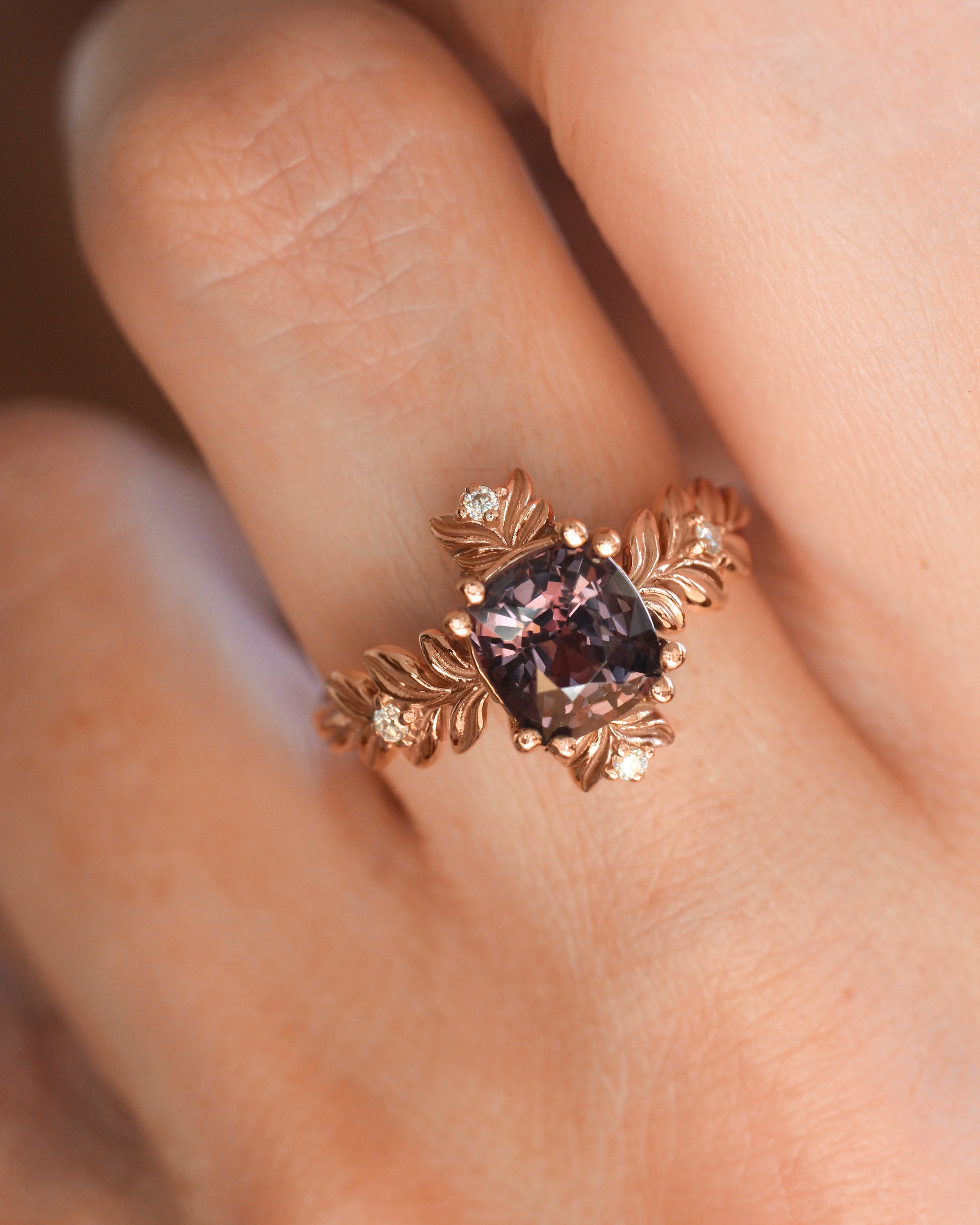 Purple spinel ring with diamonds, leaf engagement ring - Eden Garden Jewelry™