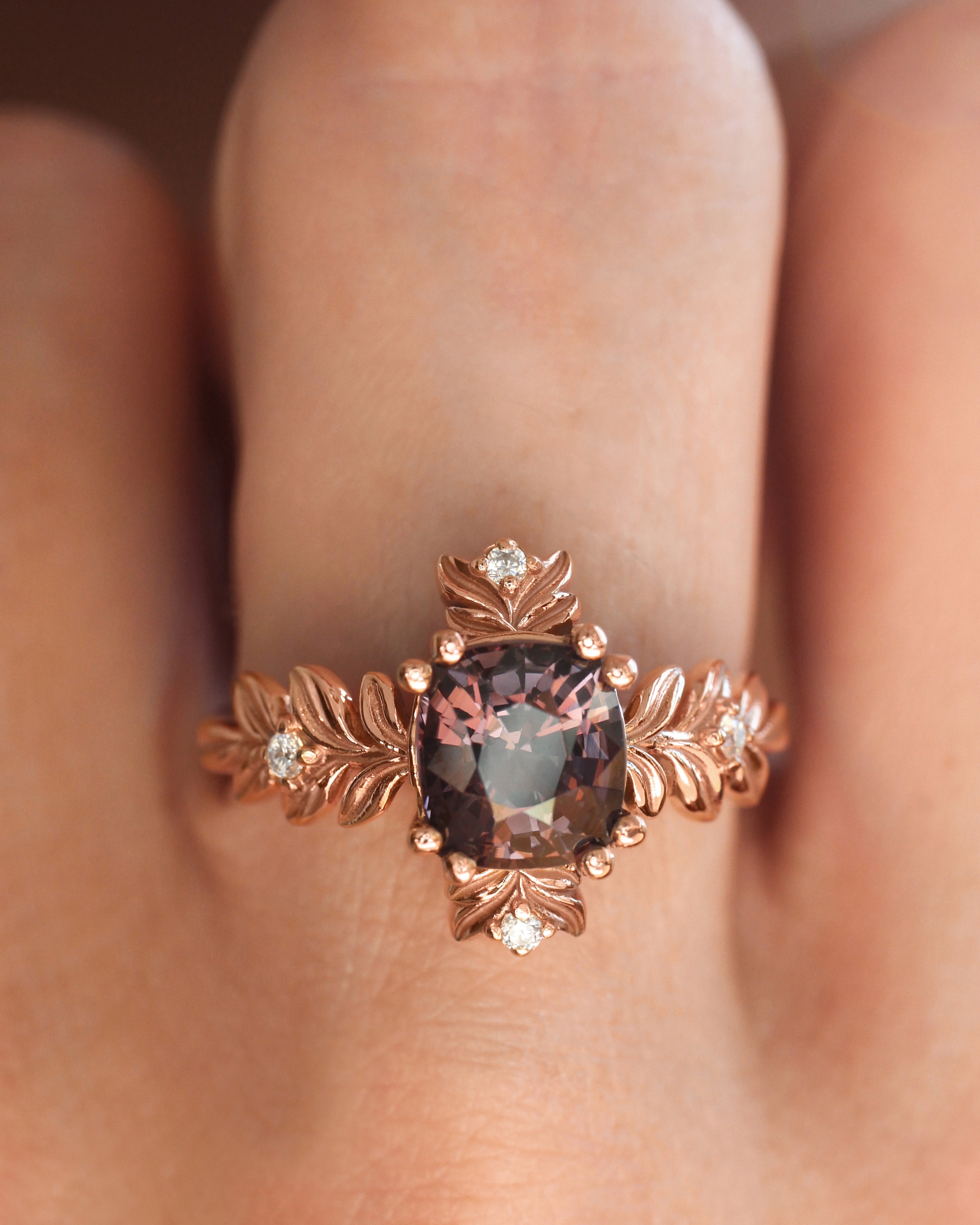 Purple spinel ring with diamonds, leaf engagement ring - Eden Garden Jewelry™