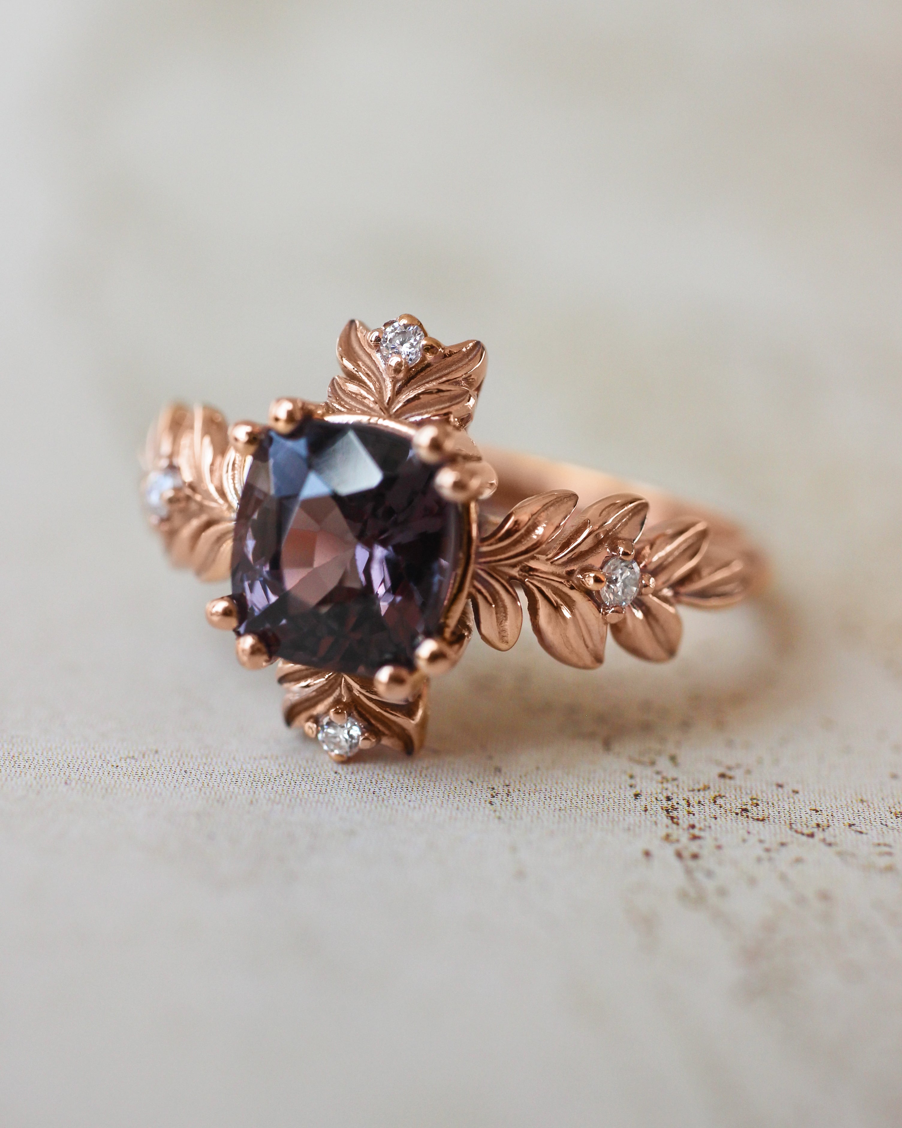 Purple spinel ring with diamonds, leaf engagement ring - Eden Garden Jewelry™