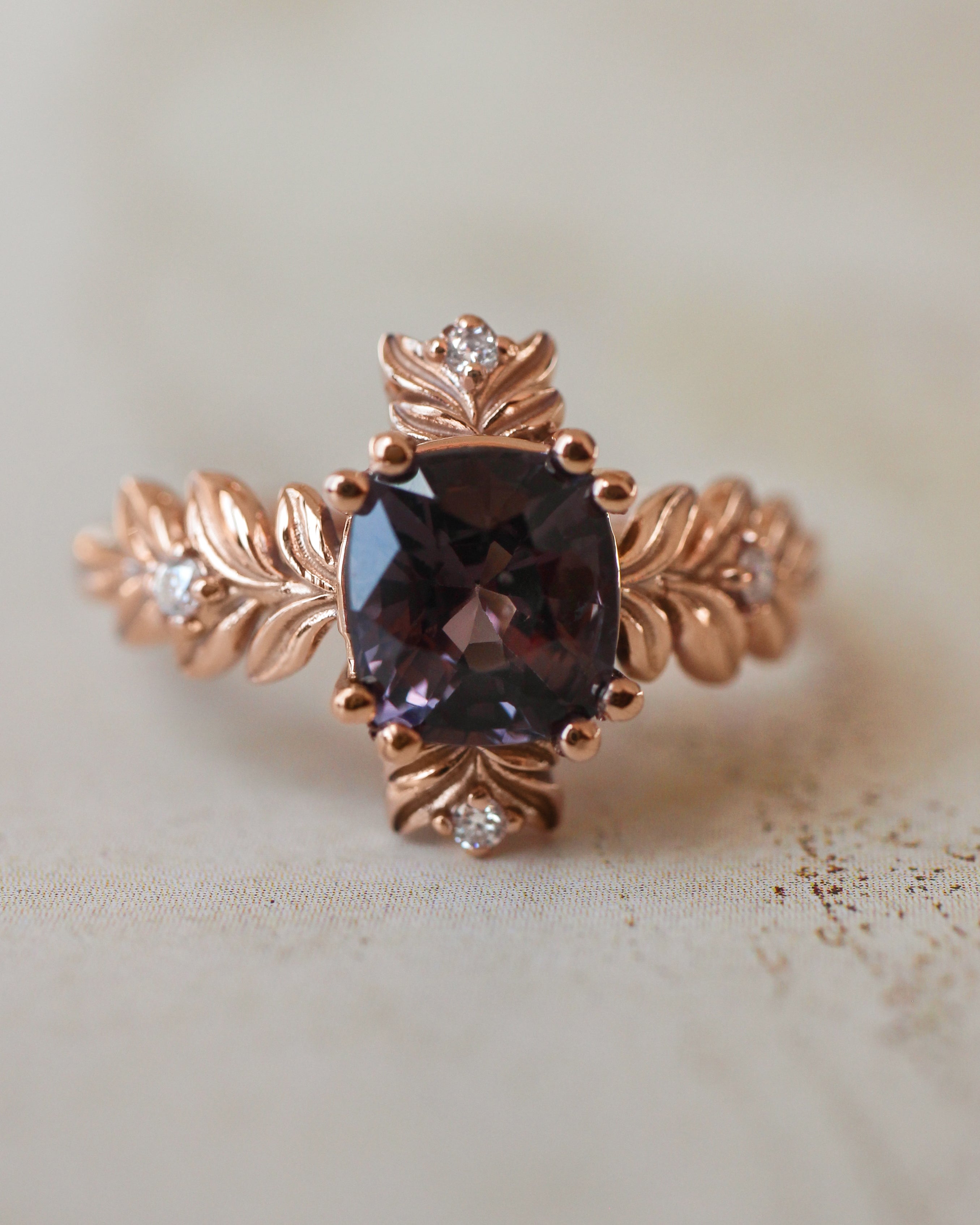 Purple spinel ring with diamonds, leaf engagement ring - Eden Garden Jewelry™