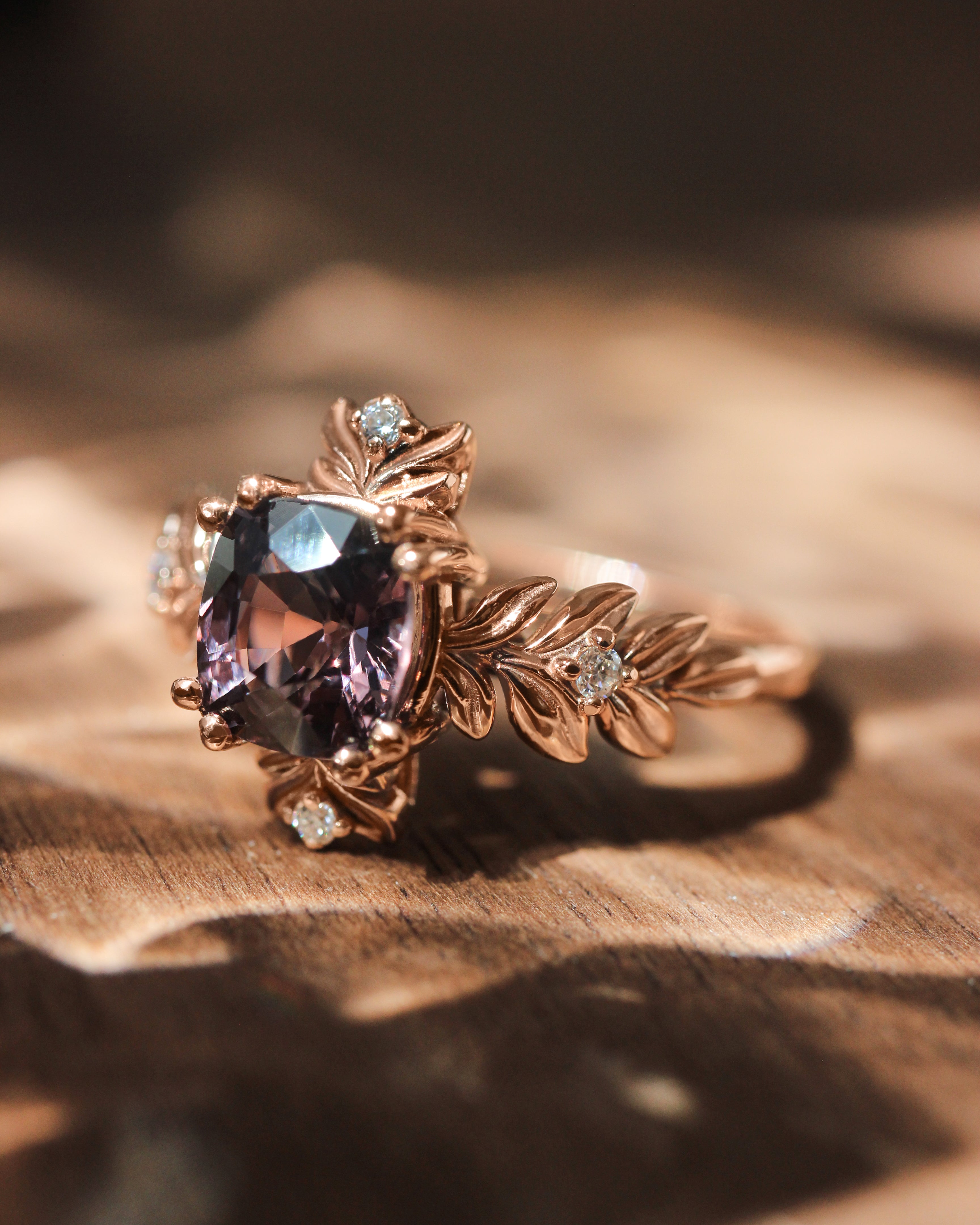 Purple spinel ring with diamonds, leaf engagement ring - Eden Garden Jewelry™