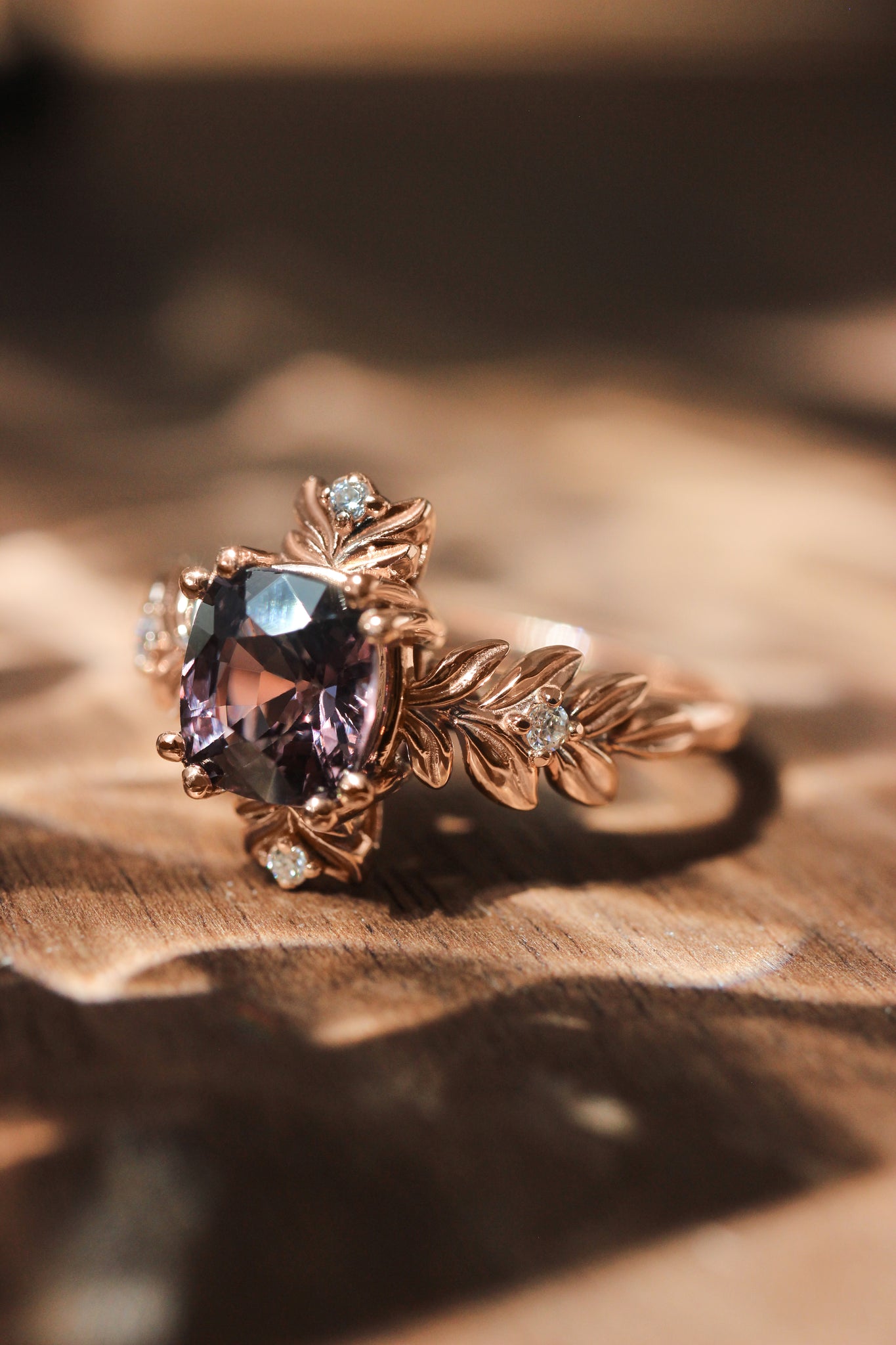 Purple spinel ring with diamonds, leaf engagement ring - Eden Garden Jewelry™