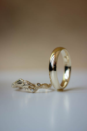 Wedding rings set for couples: classic band for him, branch band with diamonds for her - Eden Garden Jewelry™