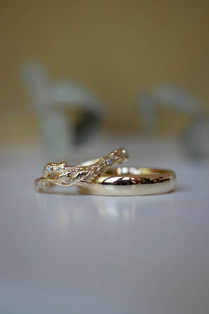 Wedding rings set for couples: classic band for him, branch band with diamonds for her - Eden Garden Jewelry™