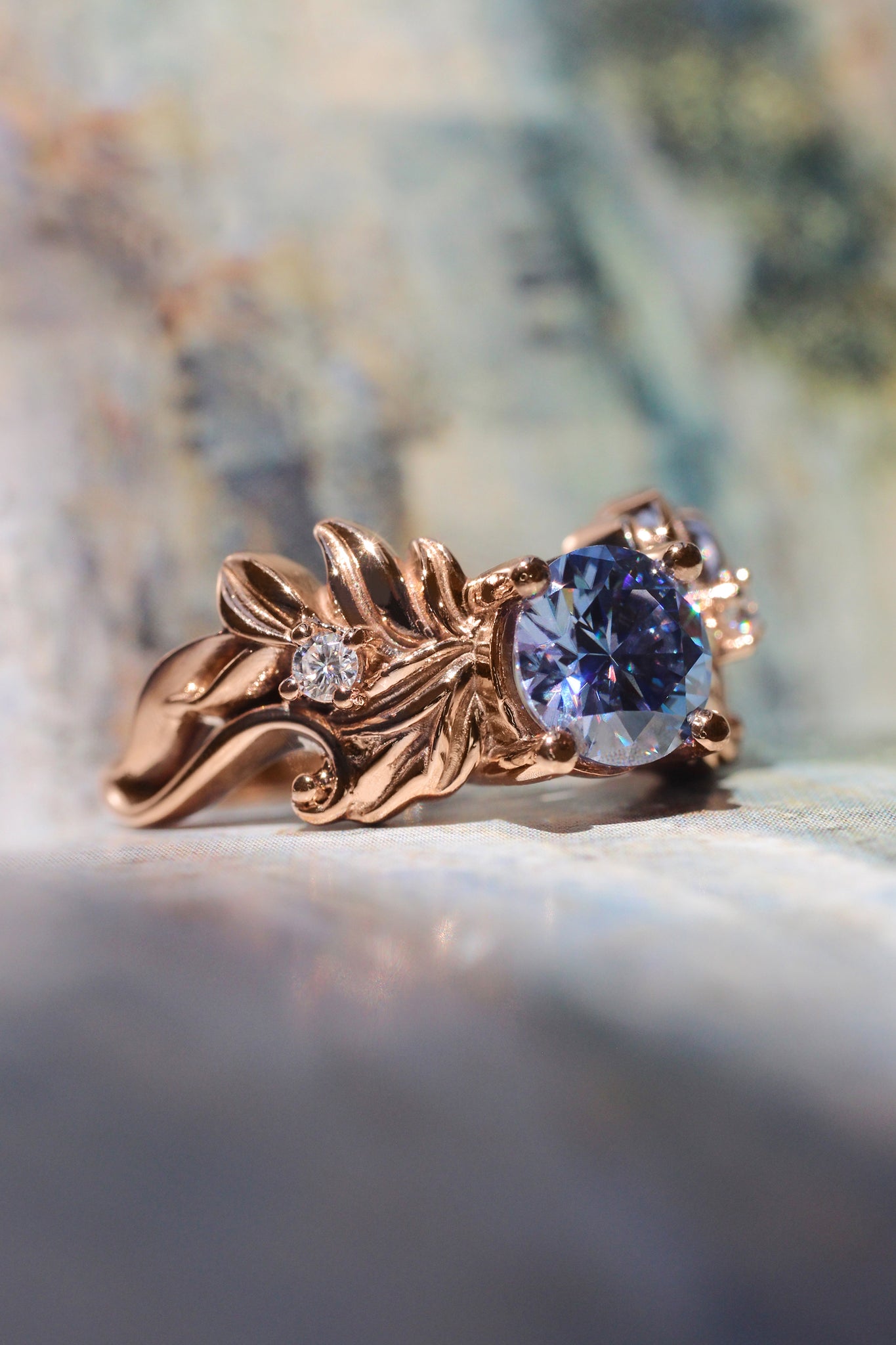 Blue moissanite ring, leaf engagement ring - Eden Garden Jewelry™