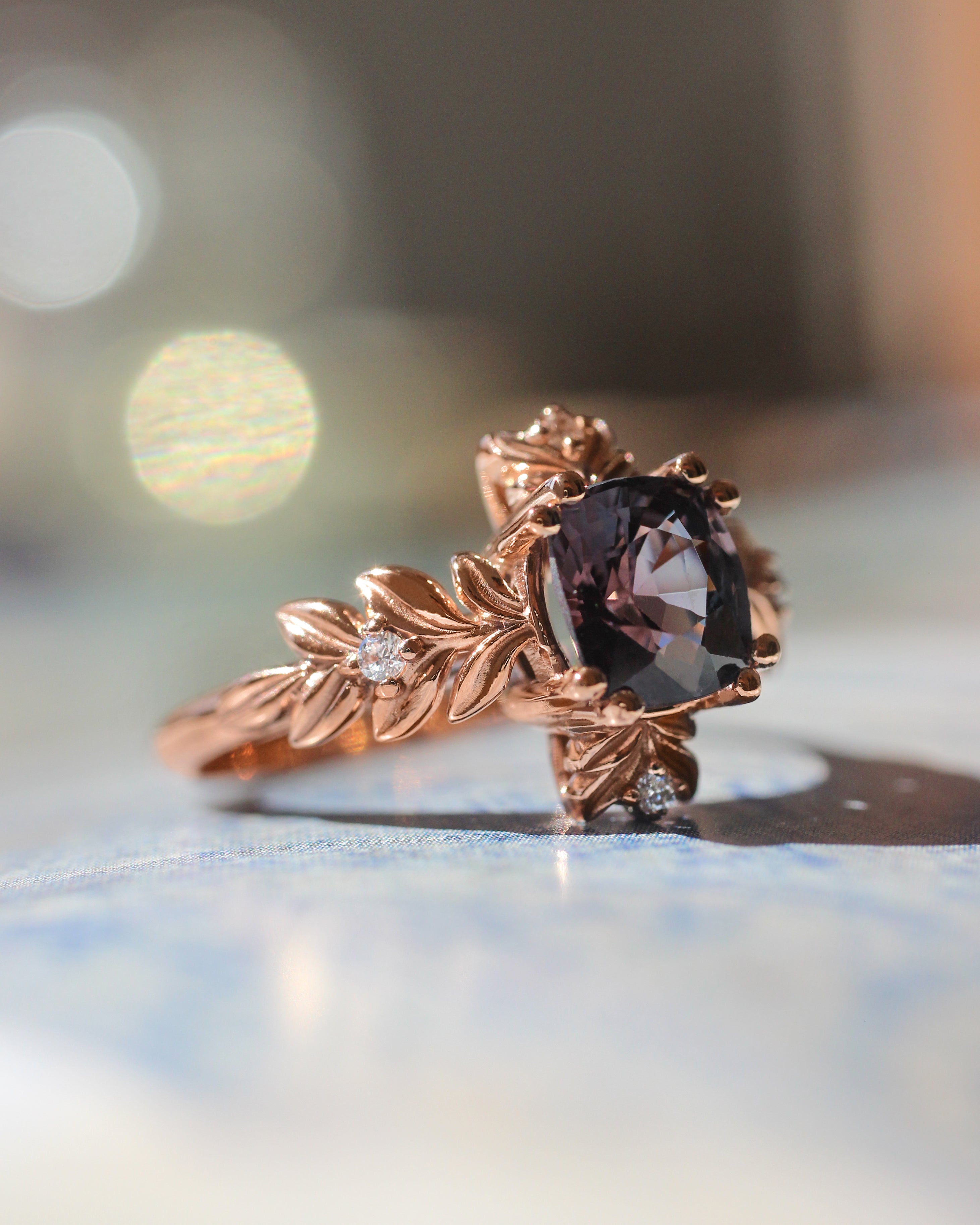 Purple spinel ring with diamonds, leaf engagement ring - Eden Garden Jewelry™