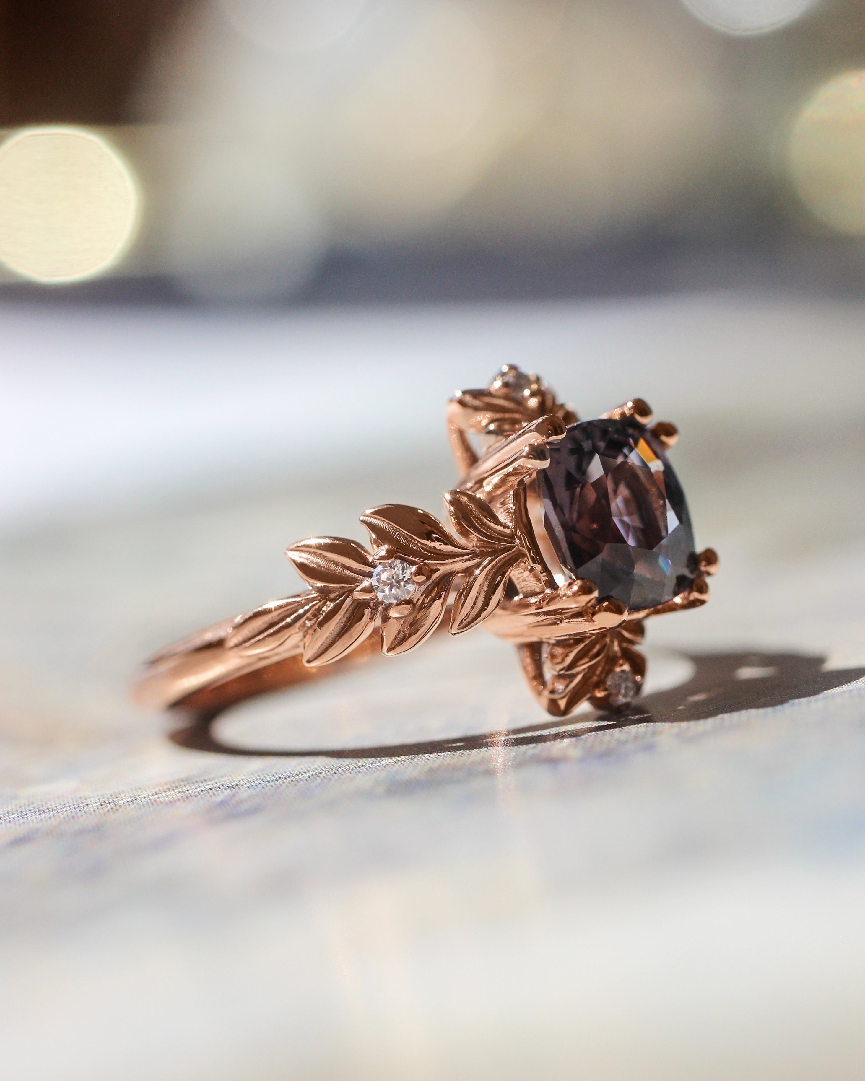 Purple spinel ring with diamonds, leaf engagement ring - Eden Garden Jewelry™