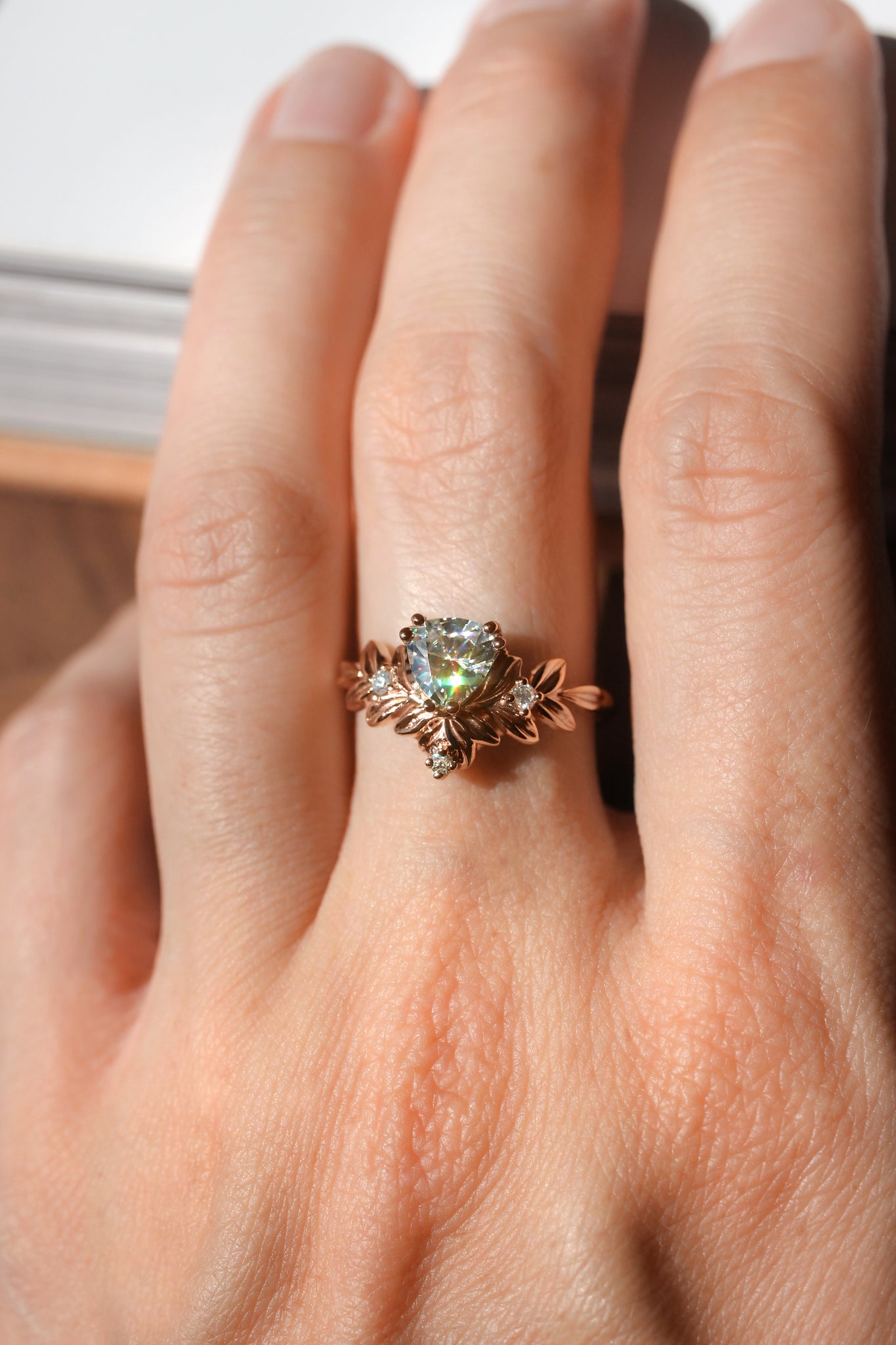 Trillion cut moissanite ring, leaf engagement ring - Eden Garden Jewelry™