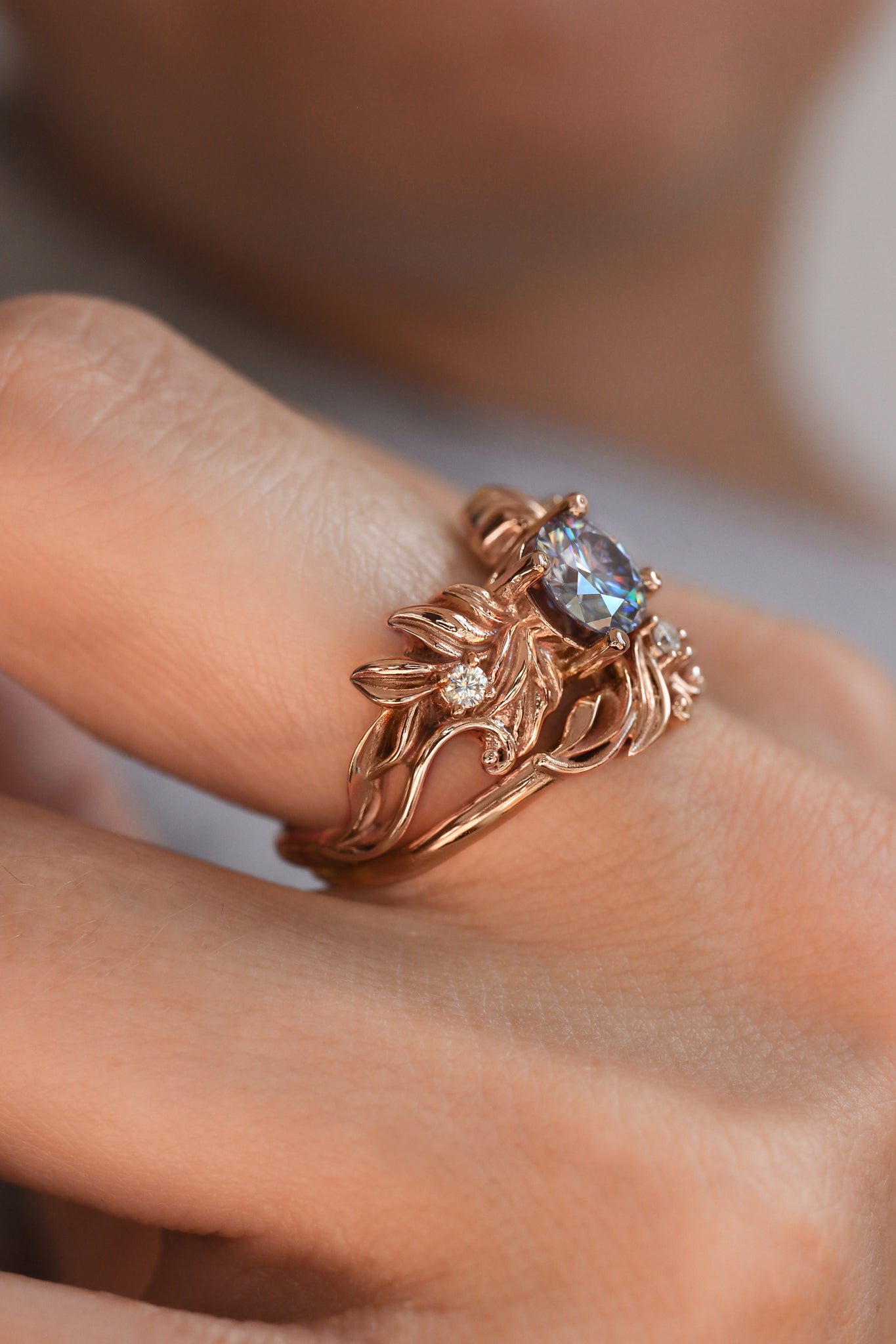 Blue moissanite bridal ring set, leaf engagement ring - Eden Garden Jewelry™