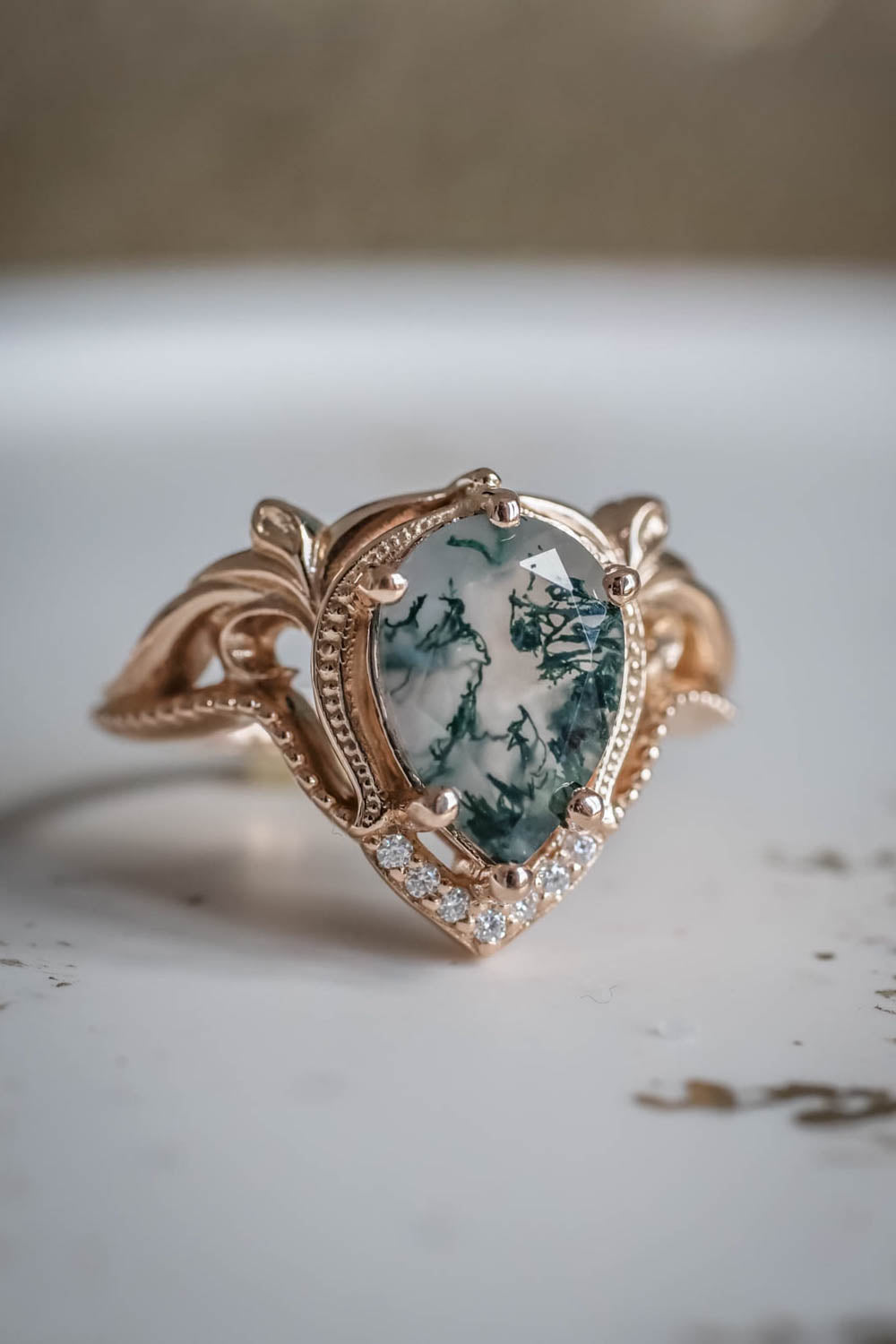 Moss agate white gold ring, one of a kind engagement ring / Lida - Eden Garden Jewelry™