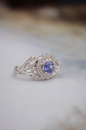 Leaf engagement ring with sapphire and diamonds / Tilia halo - Eden Garden Jewelry™