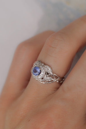 Leaf engagement ring with sapphire and diamonds / Tilia halo - Eden Garden Jewelry™