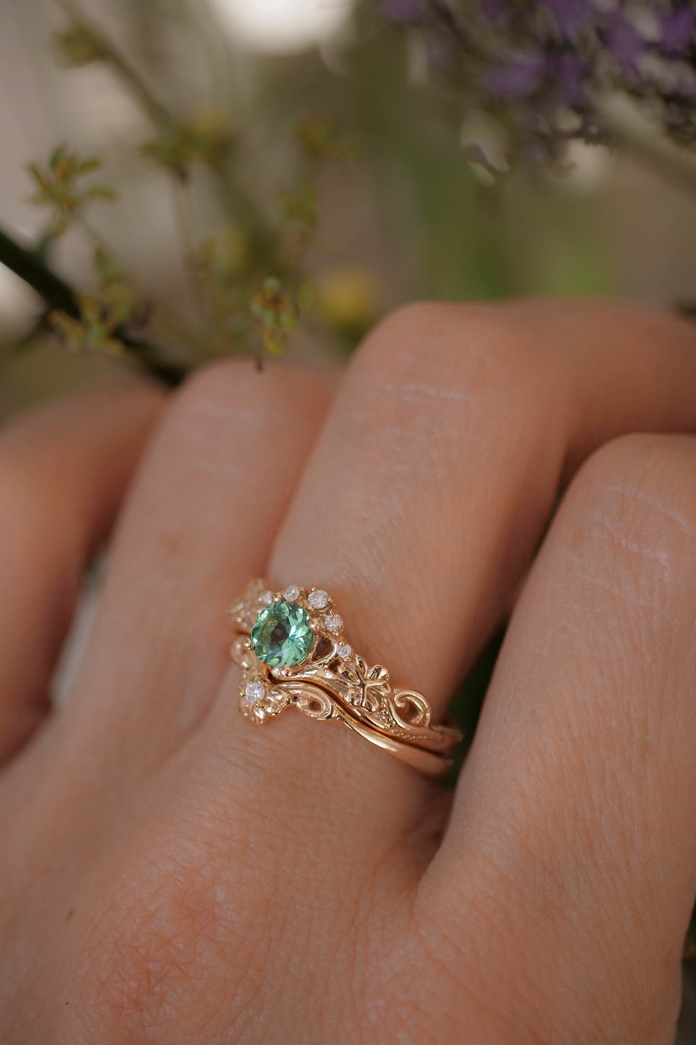 Mint green tourmaline bridal ring set with diamonds / Horta - Eden Garden Jewelry™