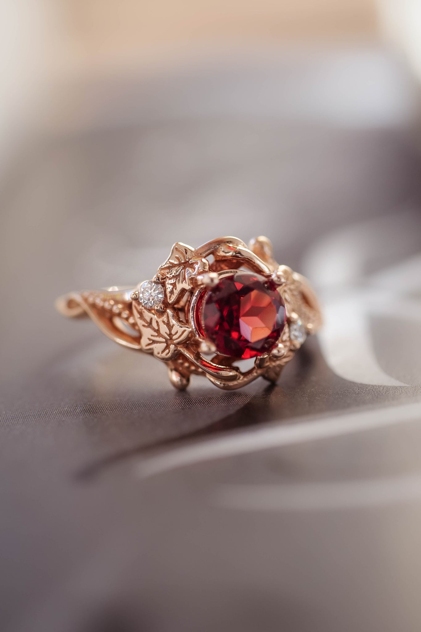 Garnet engagement ring with diamonds / Ivy Undina - Eden Garden Jewelry™