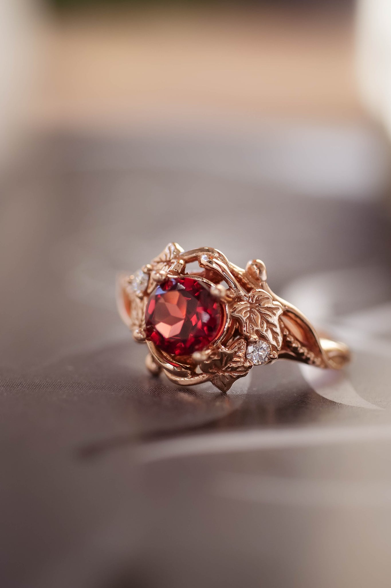 Garnet engagement ring with diamonds / Ivy Undina - Eden Garden Jewelry™