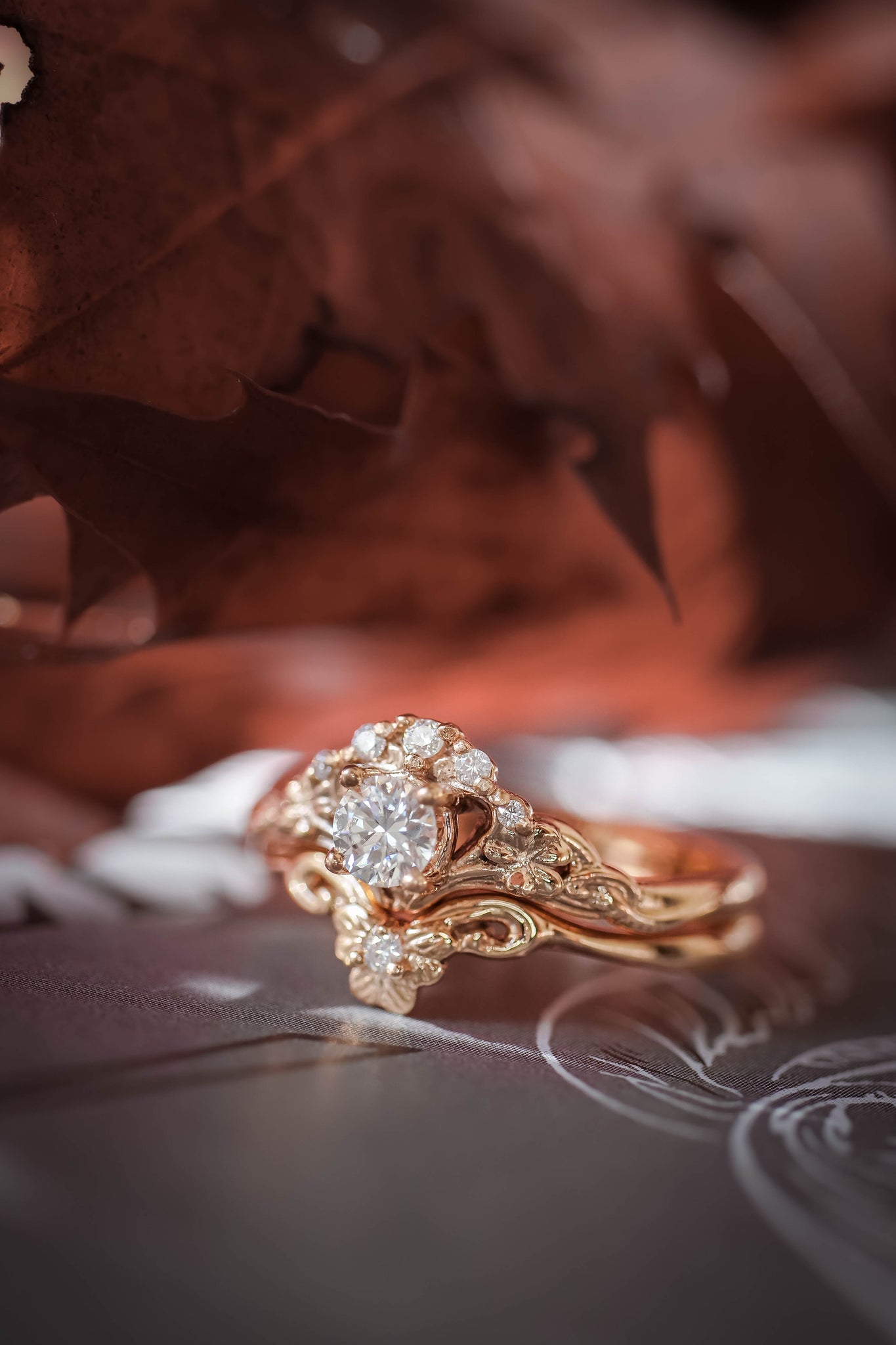 Bridal ring set with diamonds or moissanites / Horta small - Eden Garden Jewelry™