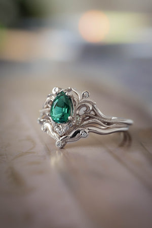 Art nouveau bridal ring set with lab emerald / Lida - Eden Garden Jewelry™