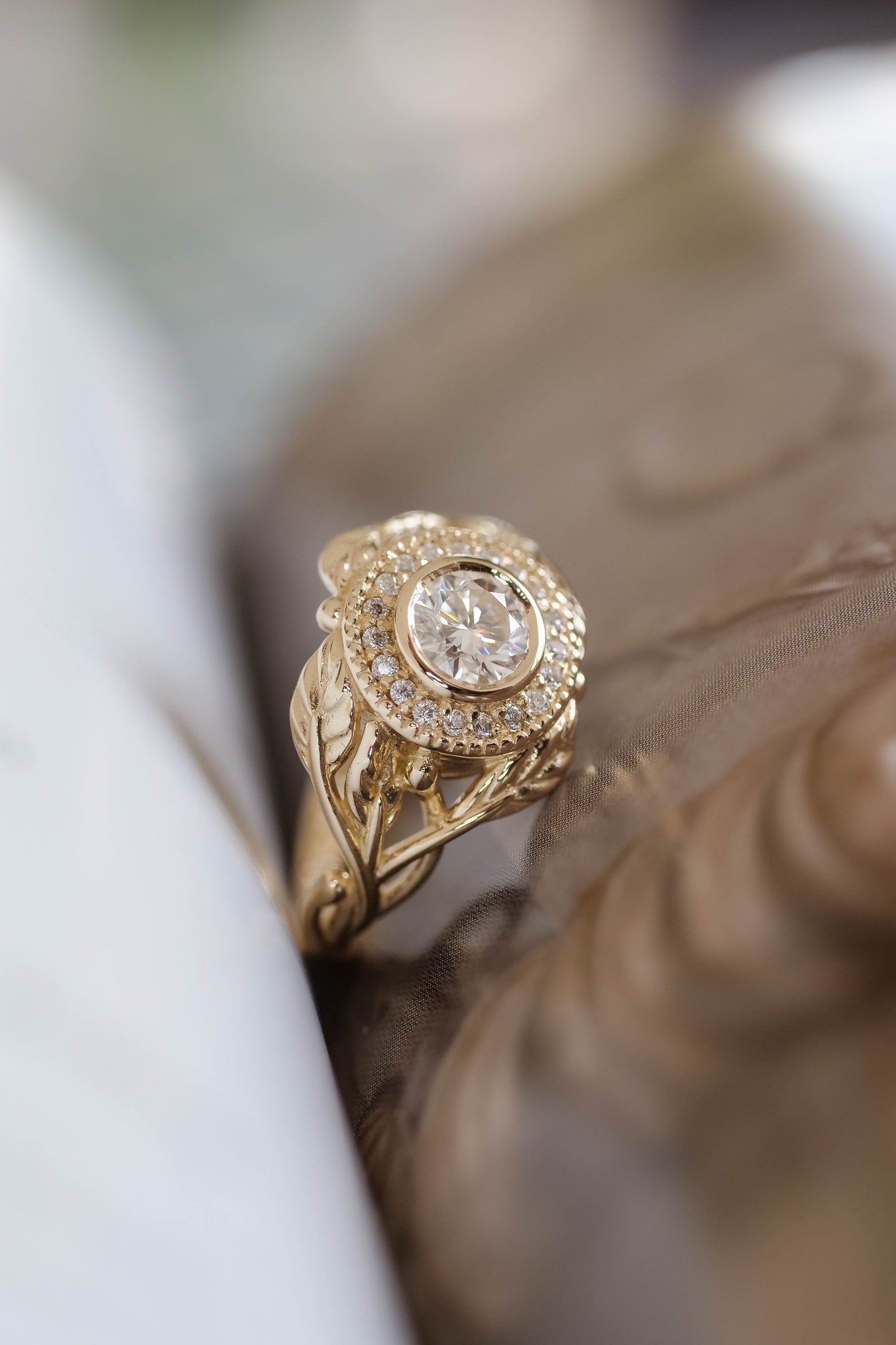 Leaf & halo engagement ring with moissanites / Tilia halo - Eden Garden Jewelry™
