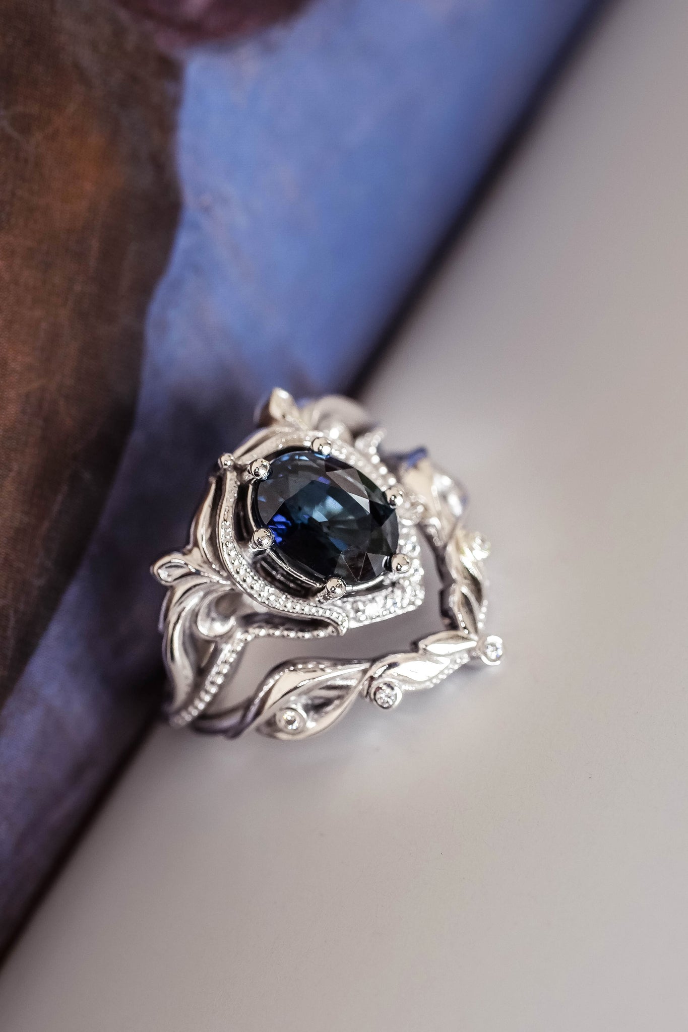 Art nouveau bridal ring set with natural sapphire / Lida oval - Eden Garden Jewelry™