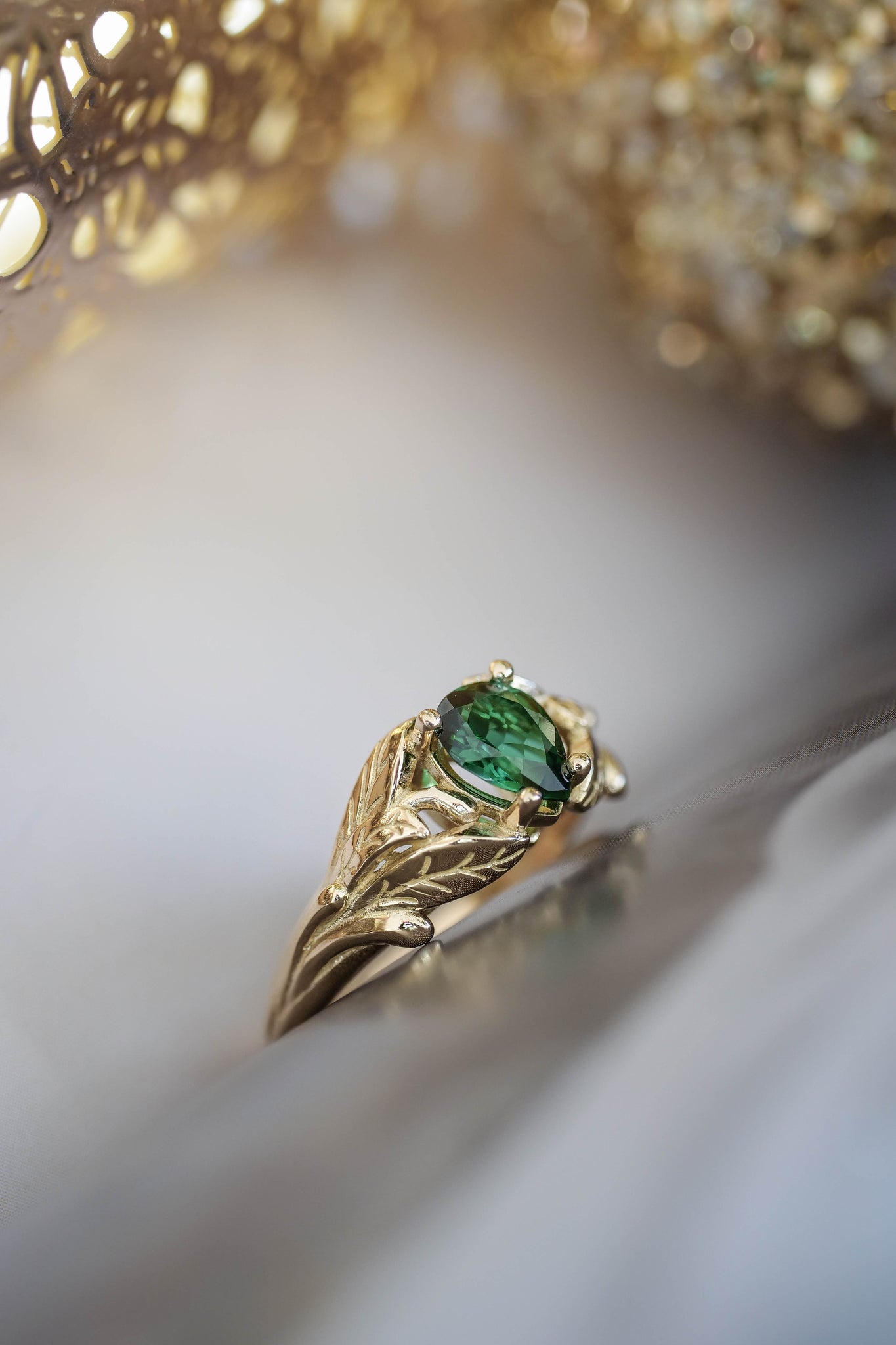 Gold leaf engagement ring with green tourmaline / Wisteria - Eden Garden Jewelry™
