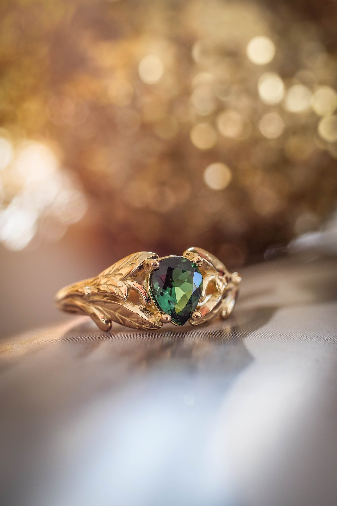 Gold leaf engagement ring with green tourmaline / Wisteria - Eden Garden Jewelry™