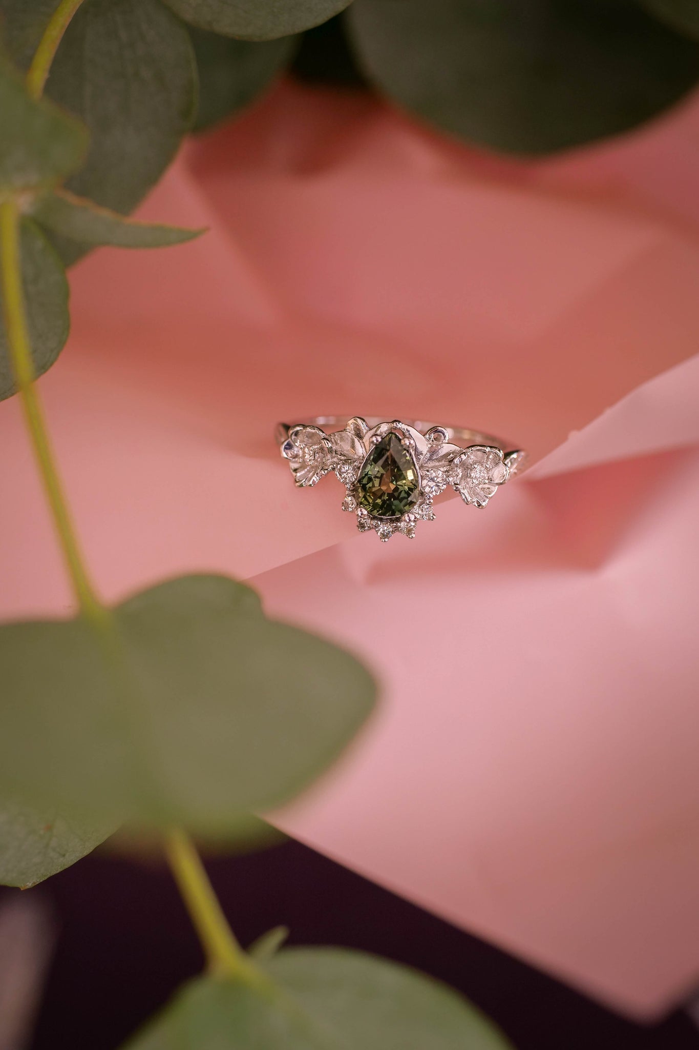 Green sapphire and diamonds ring, flower engagement ring / Adelina - Eden Garden Jewelry™