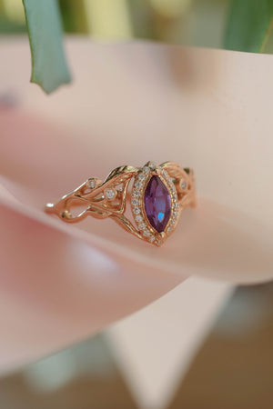 Art nouveau engagement ring with alexandrite and diamond halo / Callisto - Eden Garden Jewelry™