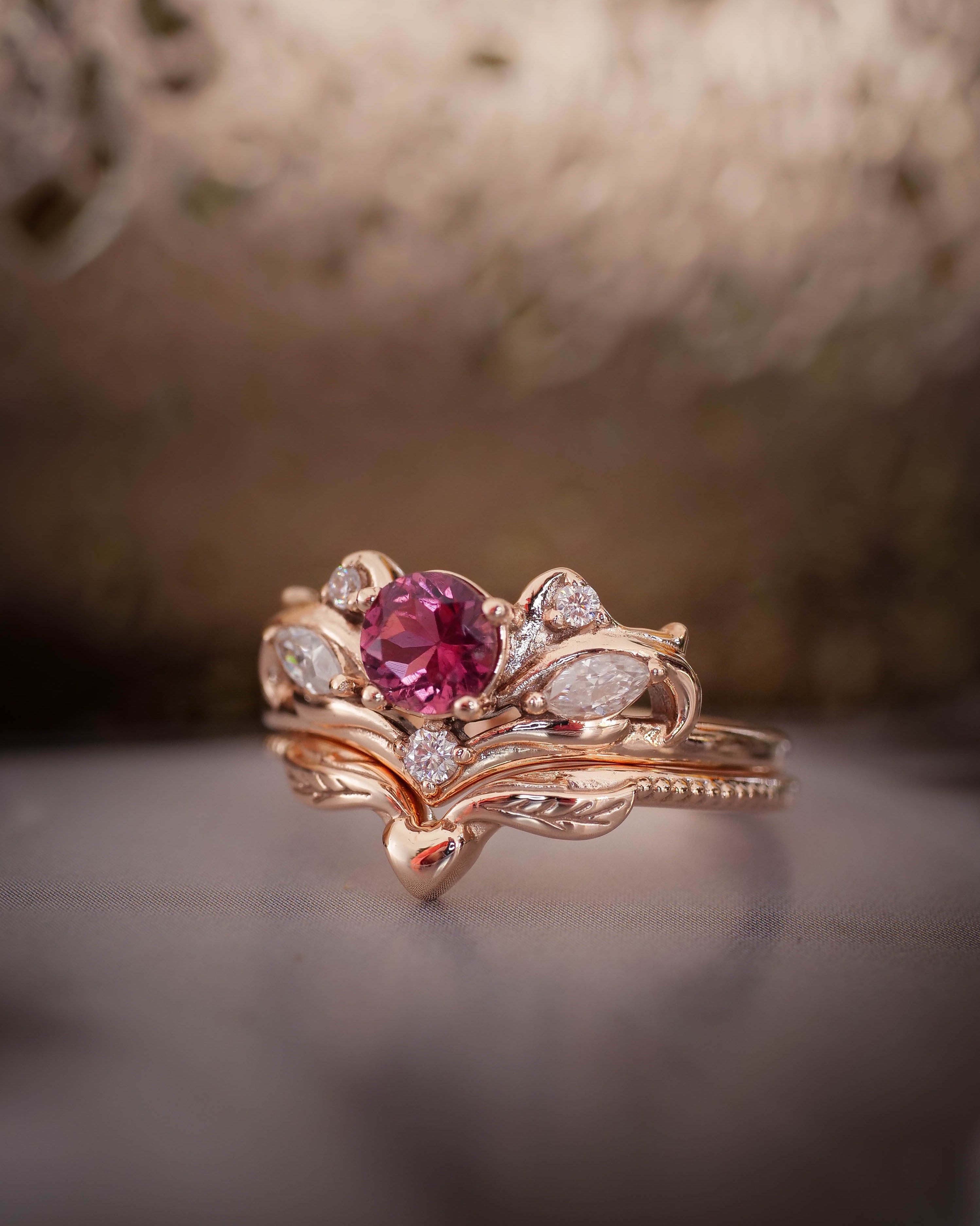 Bridal ring set with pink tourmaline / Swanlake - Eden Garden Jewelry™