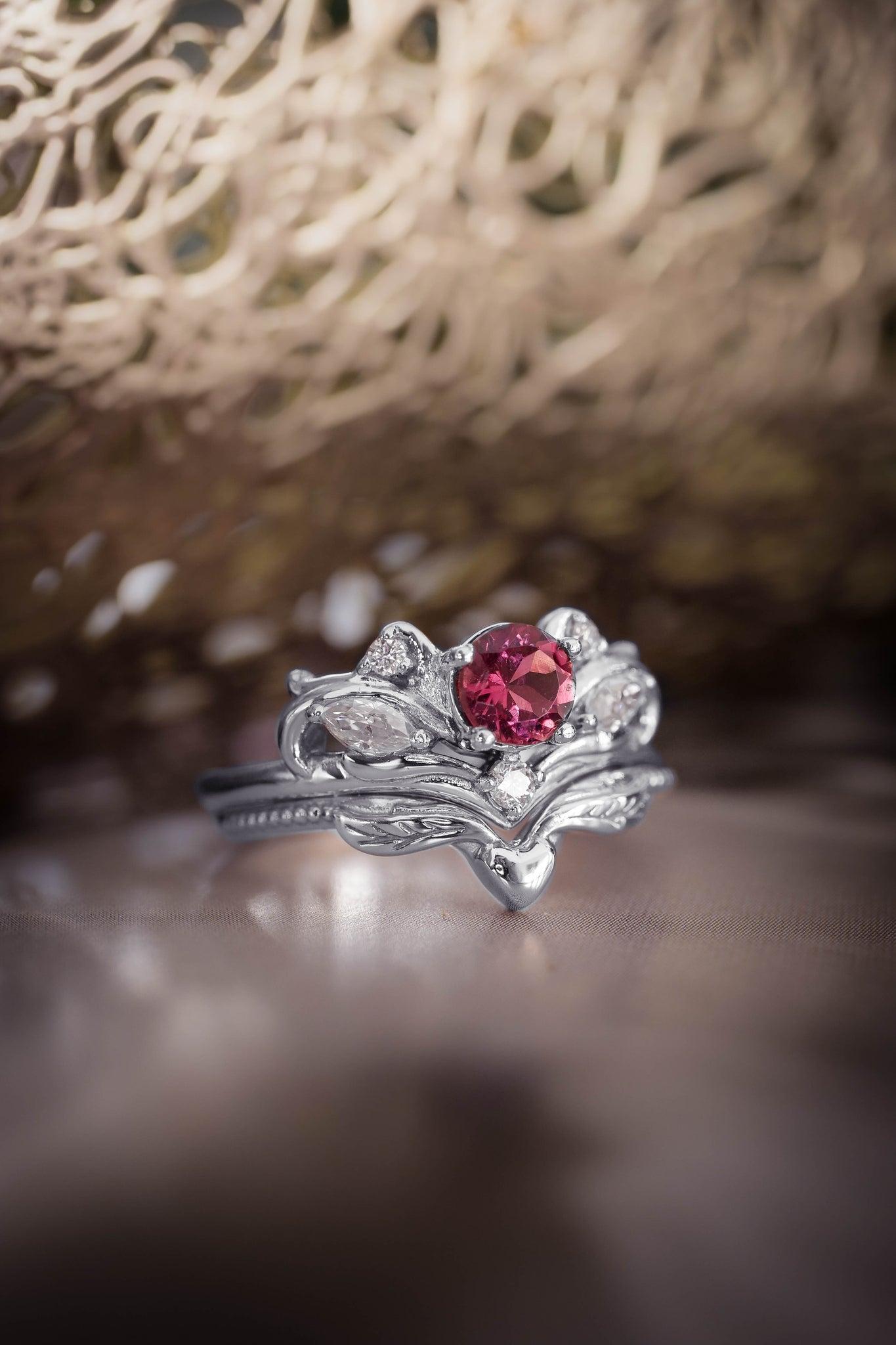 Bridal ring set with pink tourmaline / Swanlake - Eden Garden Jewelry™