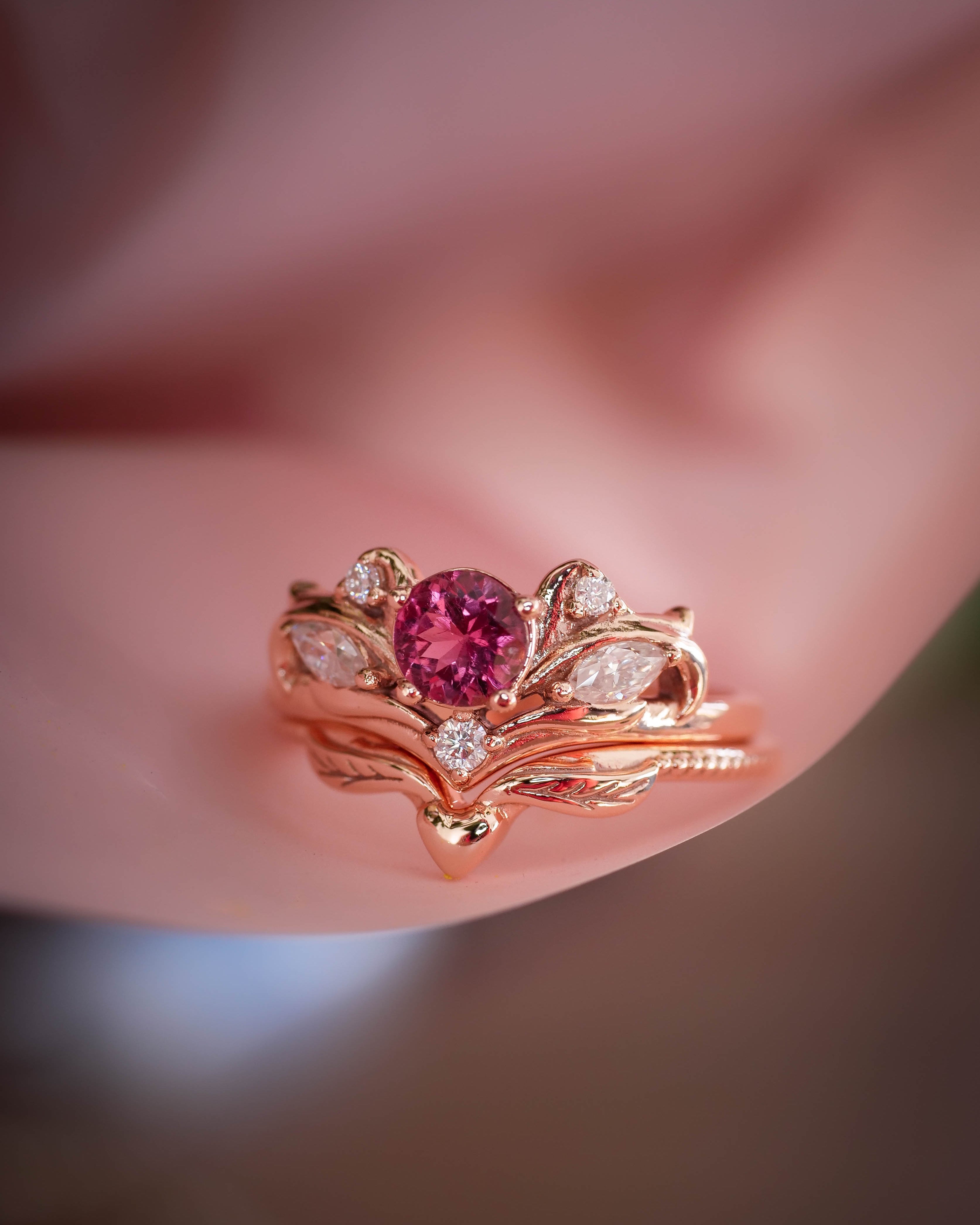 Bridal ring set with pink tourmaline / Swanlake - Eden Garden Jewelry™