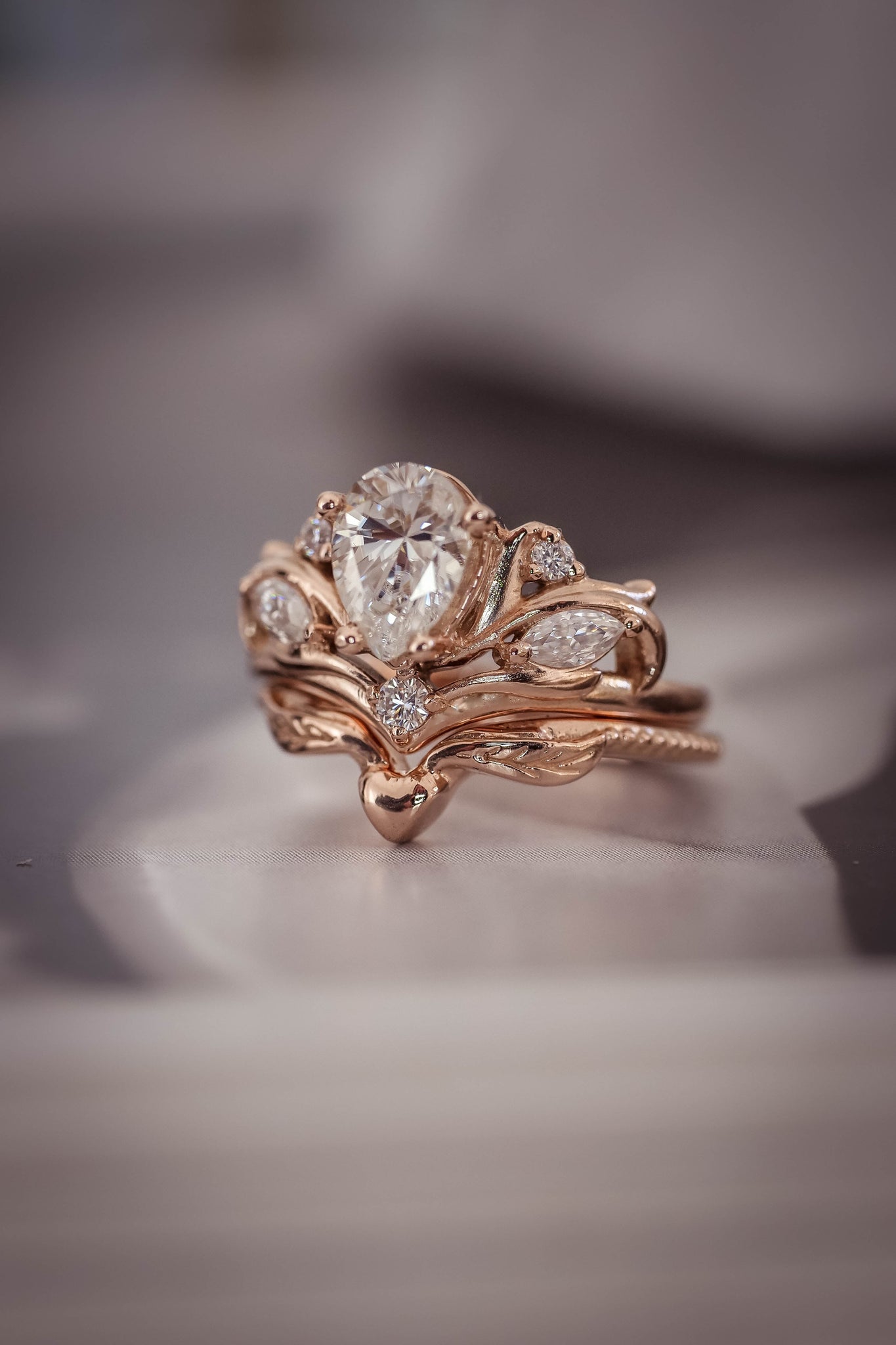Genuine white sapphire engagement ring, nature inspired rose gold proposal ring / Swanlake - Eden Garden Jewelry™