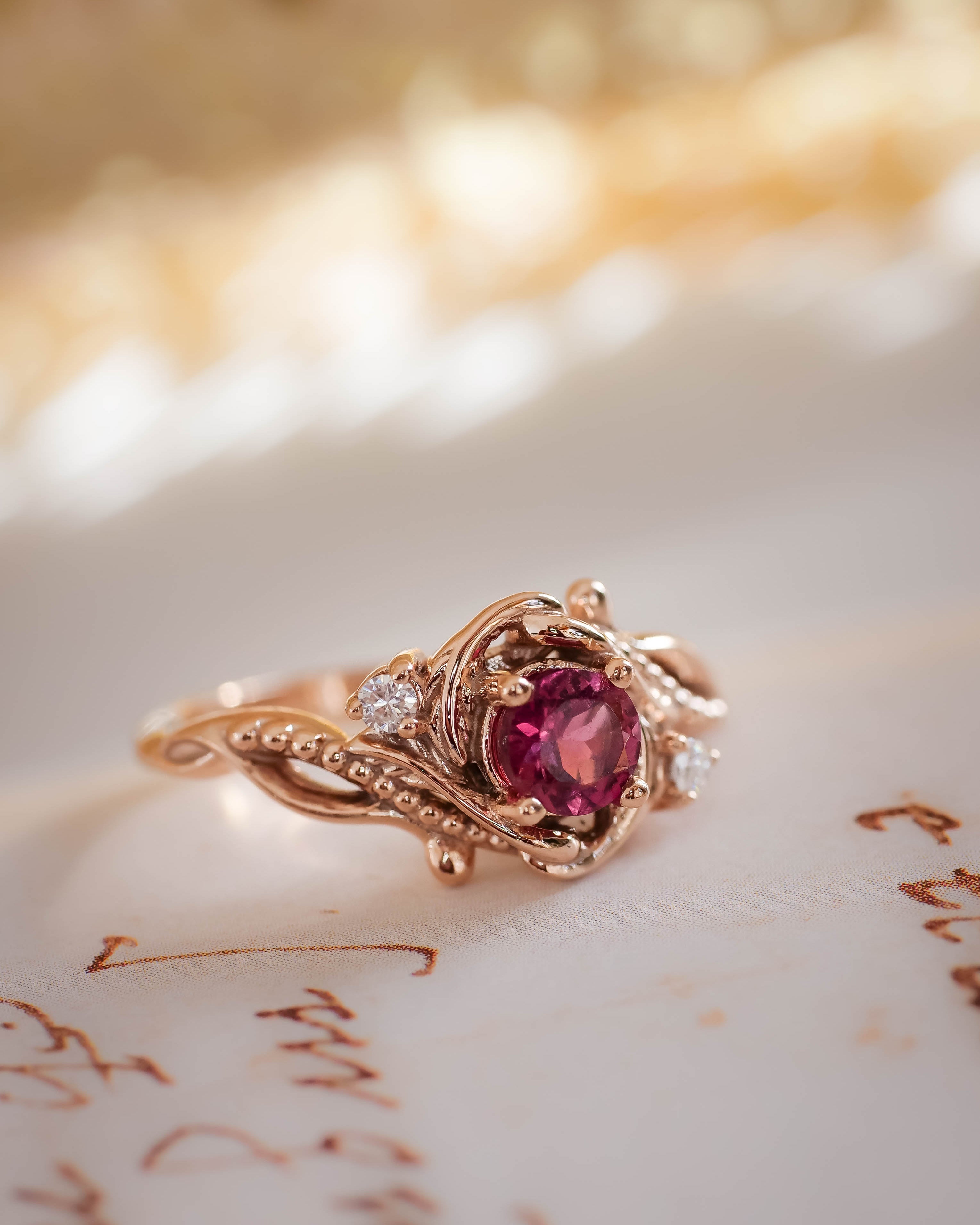 READY TO SHIP: Undina in 14K rose gold, pink tourmaline 5 mm, moissanites, RING SIZE 7 US - Eden Garden Jewelry™