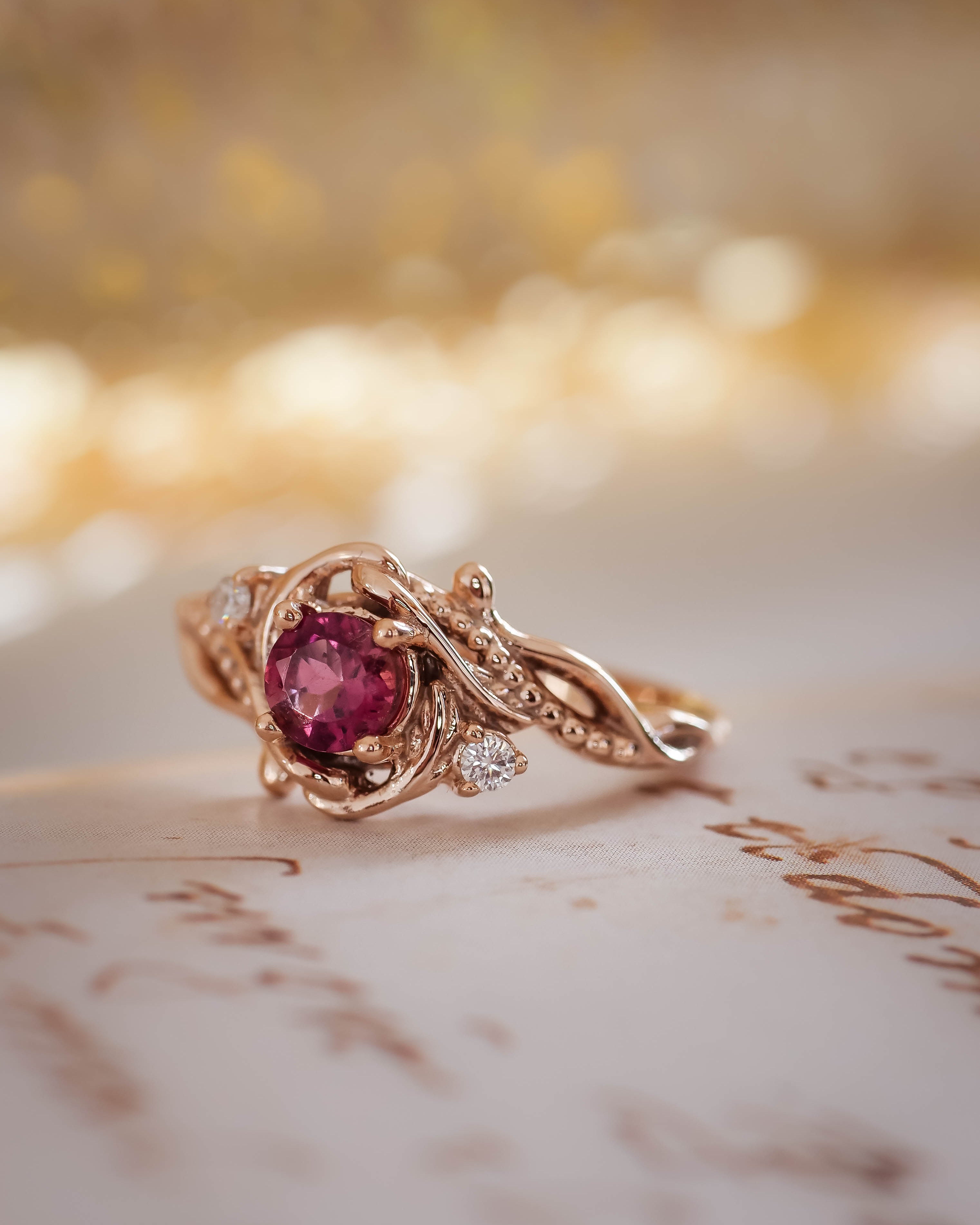 READY TO SHIP: Undina in 14K rose gold, pink tourmaline 5 mm, moissanites, RING SIZE 7 US - Eden Garden Jewelry™