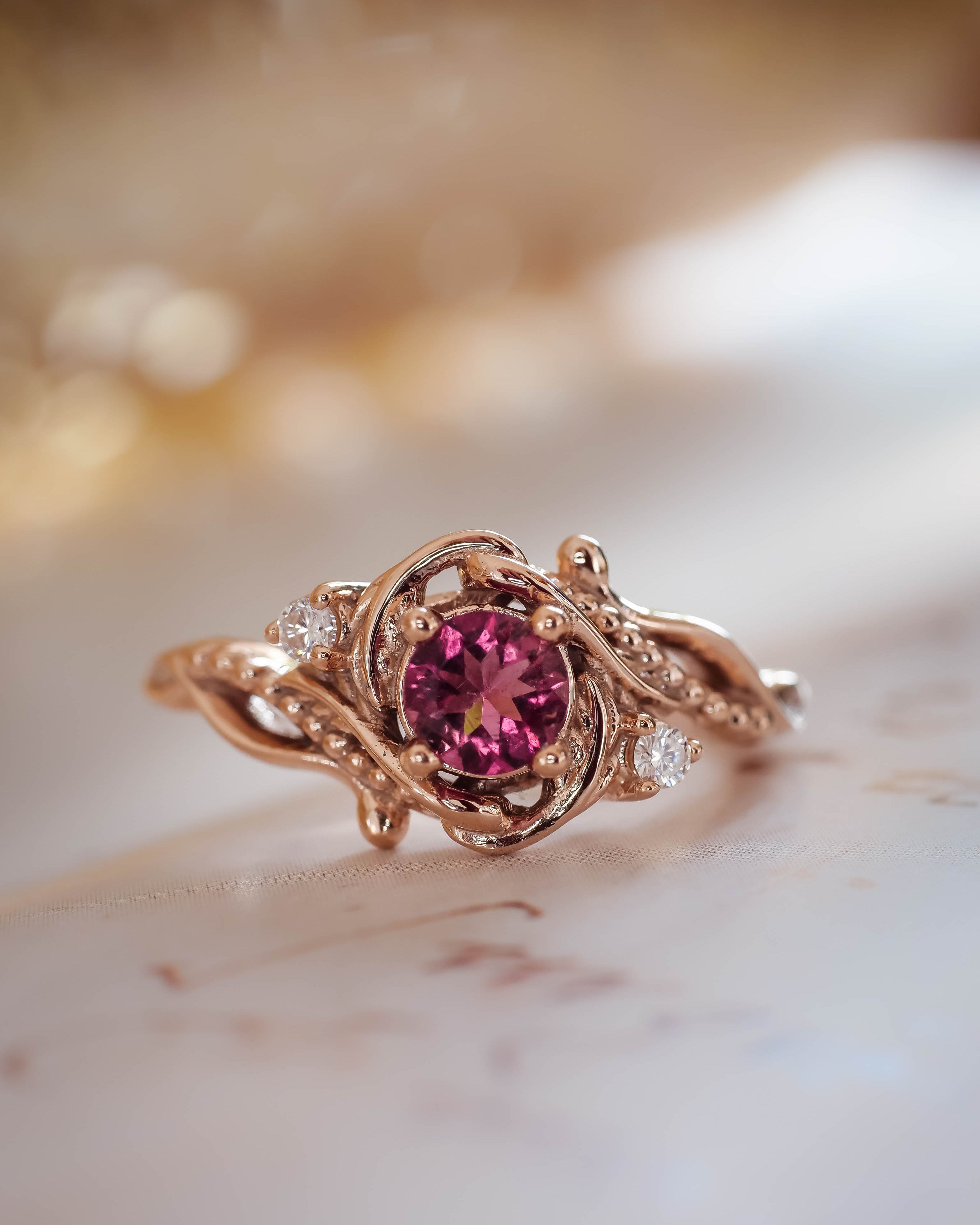 READY TO SHIP: Undina in 14K rose gold, pink tourmaline 5 mm, moissanites, RING SIZE 7 US - Eden Garden Jewelry™