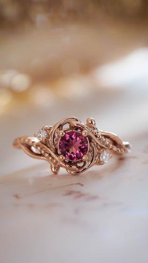 READY TO SHIP: Undina in 14K rose gold, pink tourmaline 5 mm, moissanites, RING SIZE 7 US - Eden Garden Jewelry™