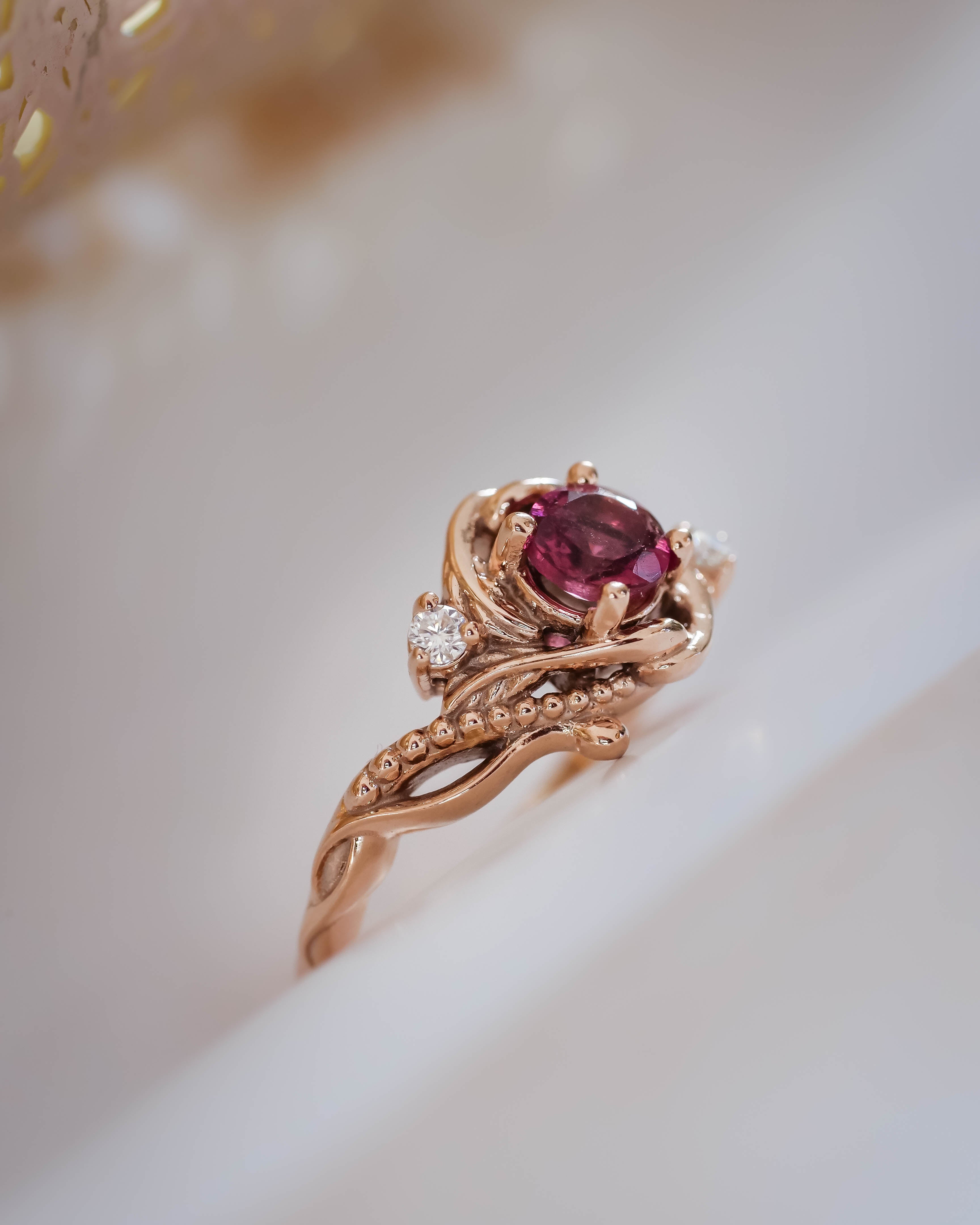 READY TO SHIP: Undina in 14K rose gold, pink tourmaline 5 mm, moissanites, RING SIZE 7 US - Eden Garden Jewelry™