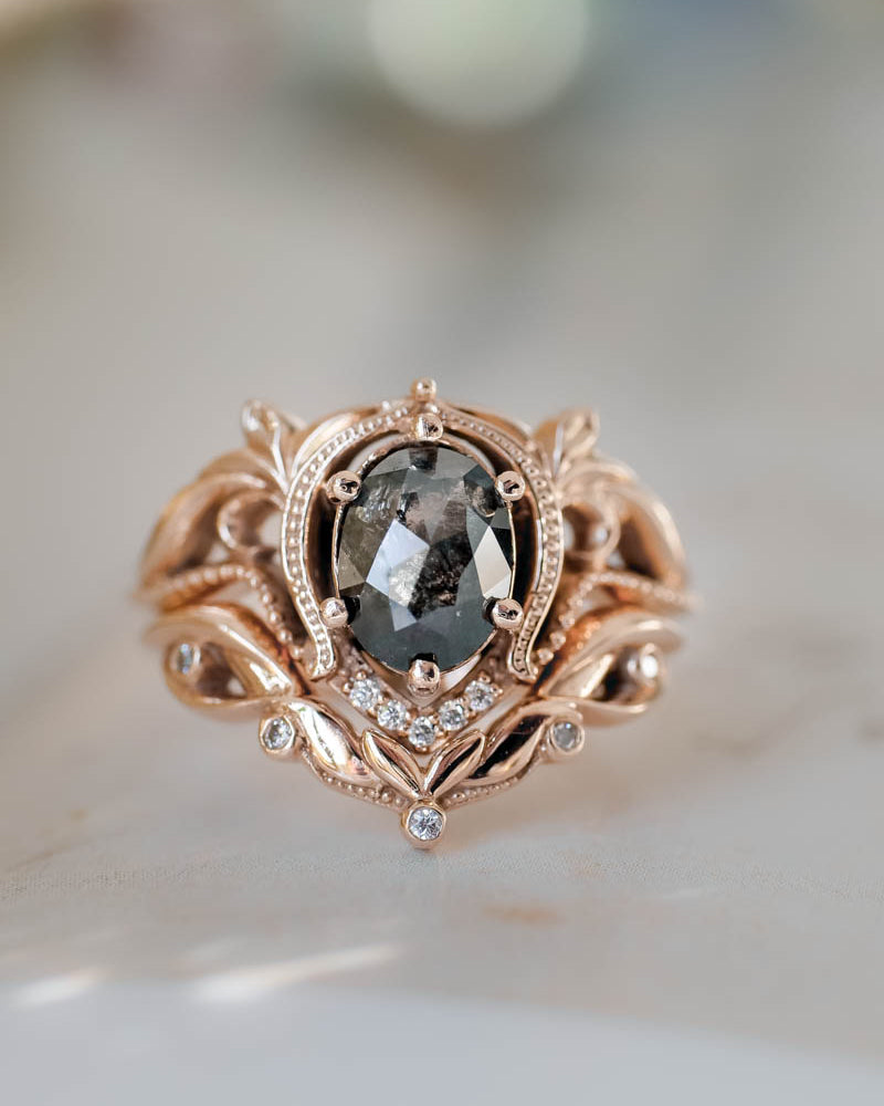 Art nouveau bridal ring set with salt & pepper diamond / Lida oval - Eden Garden Jewelry™