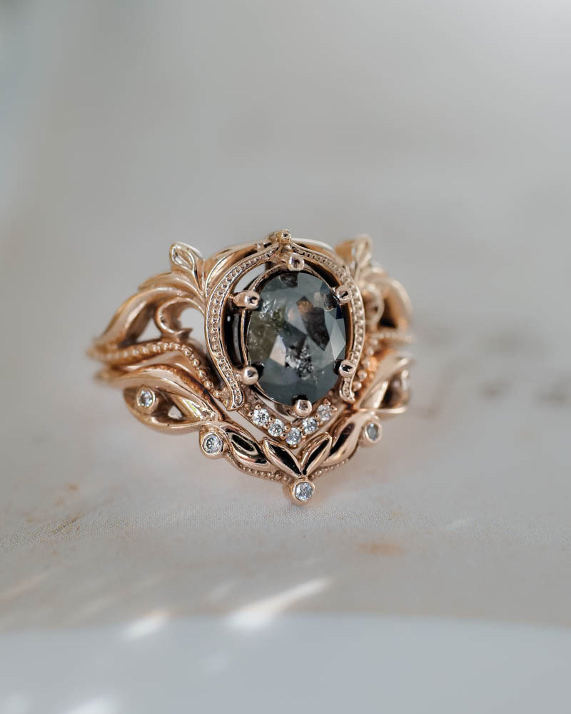 Art nouveau bridal ring set with salt & pepper diamond / Lida oval - Eden Garden Jewelry™