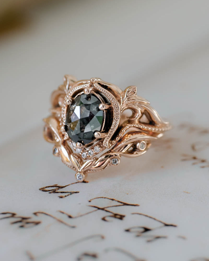 Art nouveau bridal ring set with salt & pepper diamond / Lida oval - Eden Garden Jewelry™