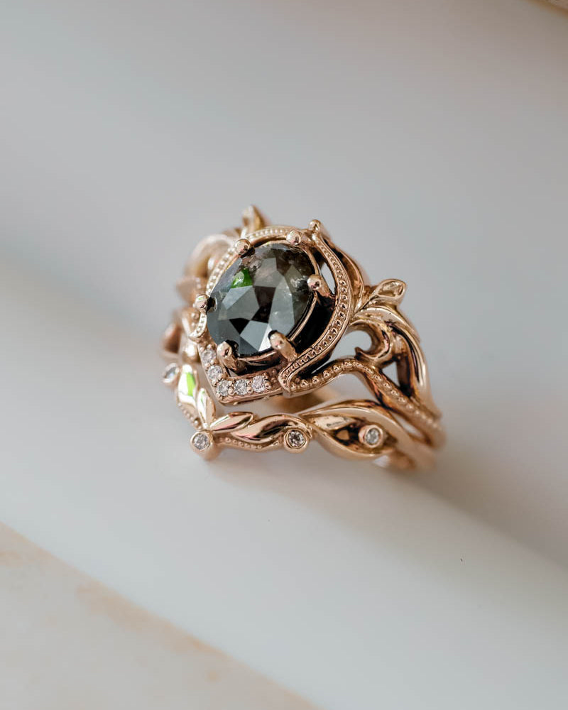 Art nouveau bridal ring set with salt & pepper diamond / Lida oval - Eden Garden Jewelry™