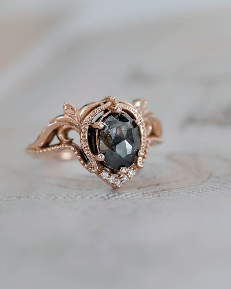 Art nouveau bridal ring set with salt & pepper diamond / Lida oval - Eden Garden Jewelry™