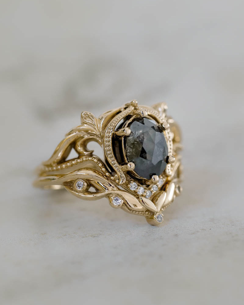 Art nouveau bridal ring set with salt & pepper diamond / Lida oval - Eden Garden Jewelry™